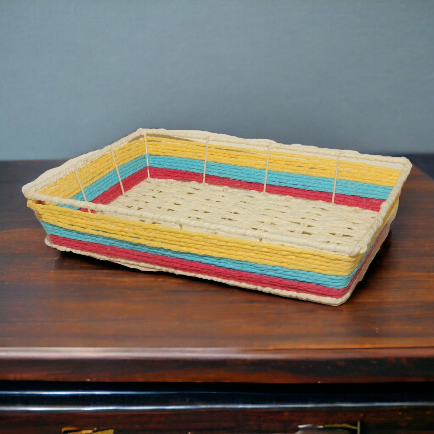 Colourful Paper weaved Rattan Rectangle Basket 30x22x6_0