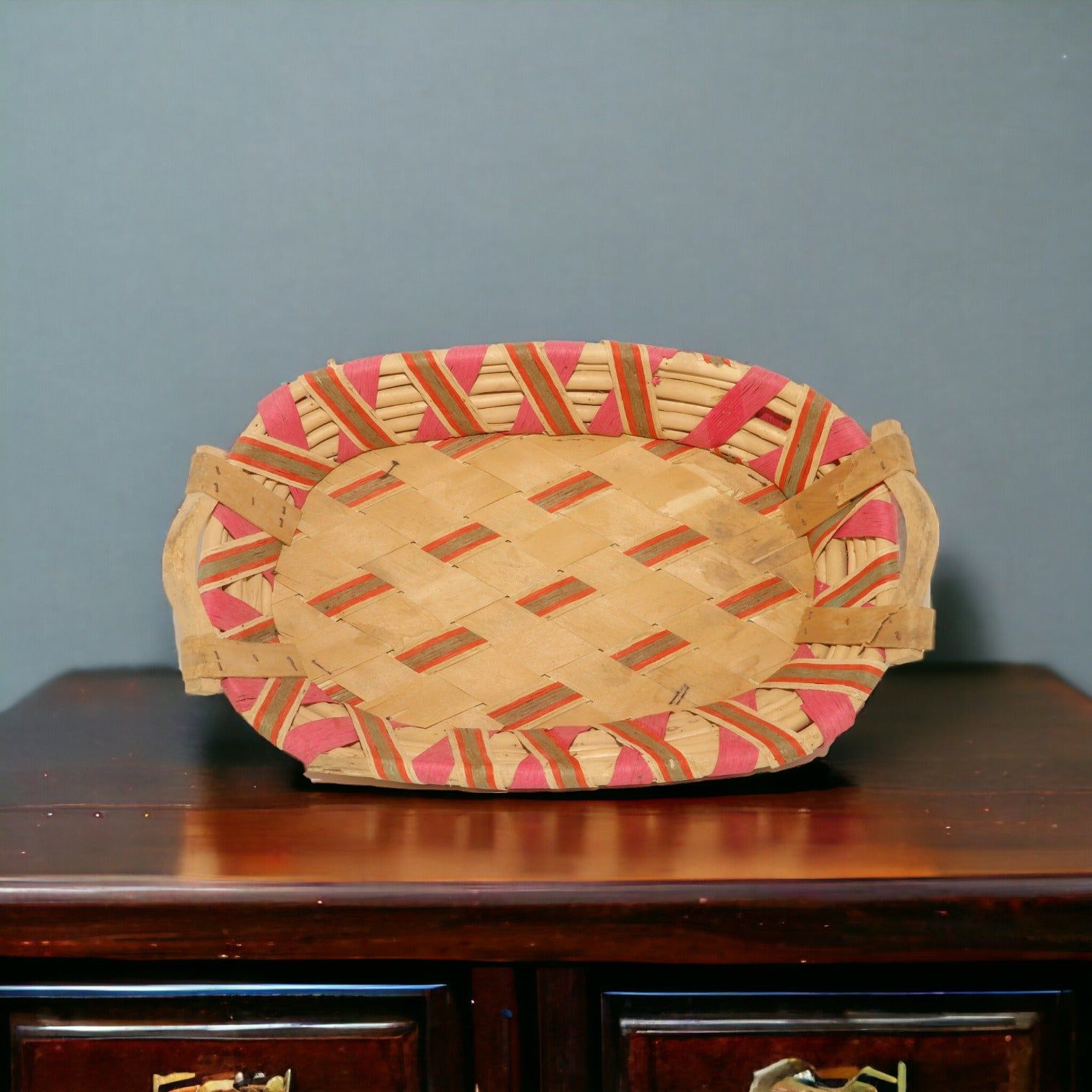 Pink Oval Bamboo Basket Small with Handle 39 X 24 X 9_1