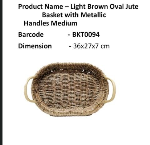 Handle Light Brown Oval Jute Basket With Metallic Handles Medium 36 X 26 X 7_0