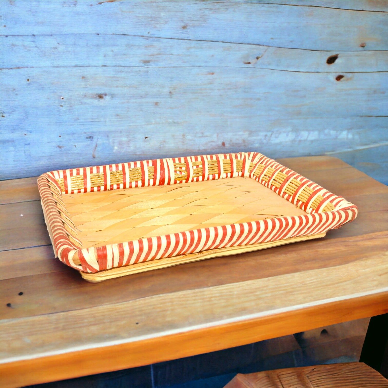 Red White Rectangular Jute Woven Bamboo Basket Small_1