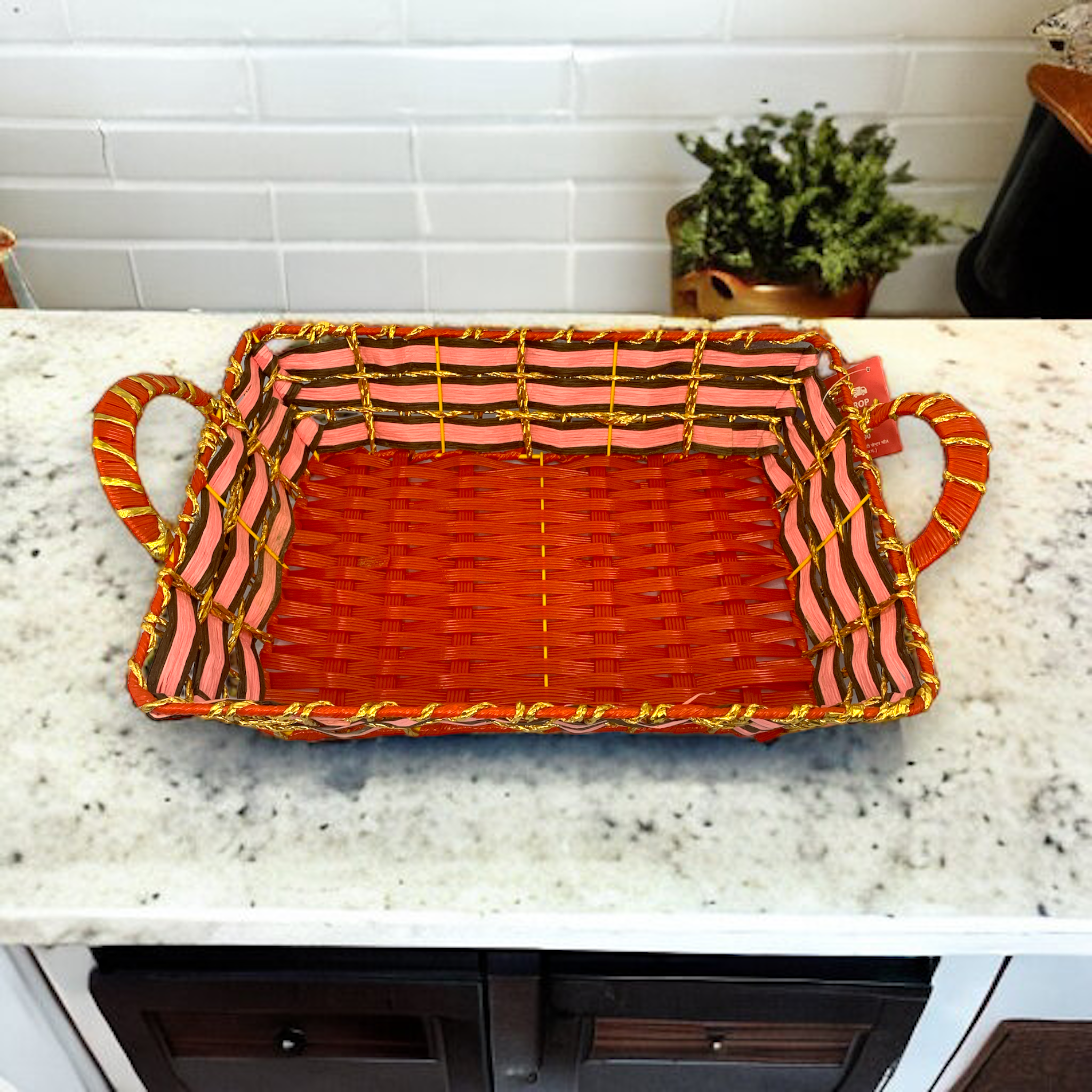 Rectangular Pink and Red Kane Basket with Handle 33x22x9.5_0