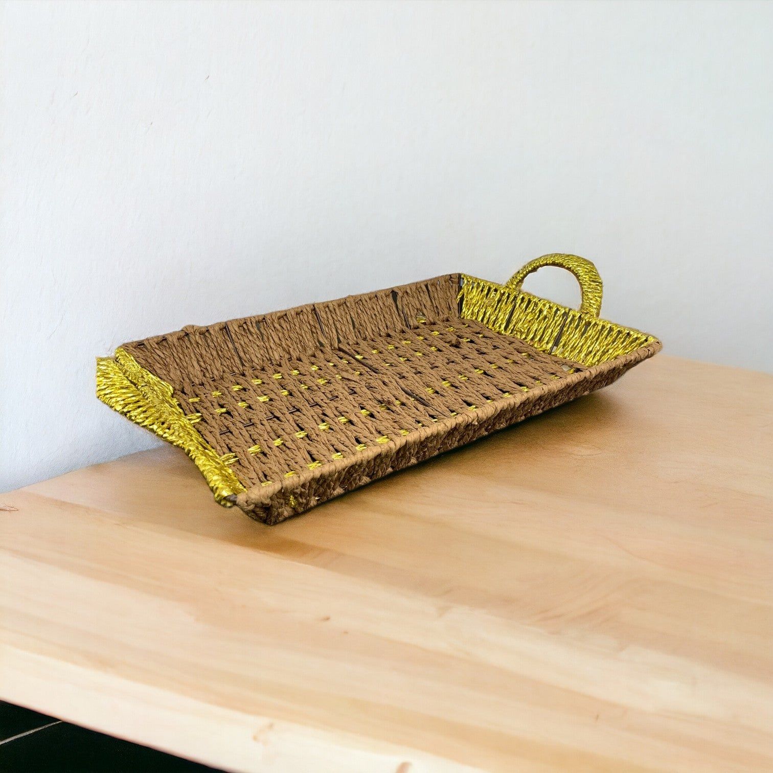 Rectangular Brown and golden Kane Basket with Golden Handles 32x20x5_0