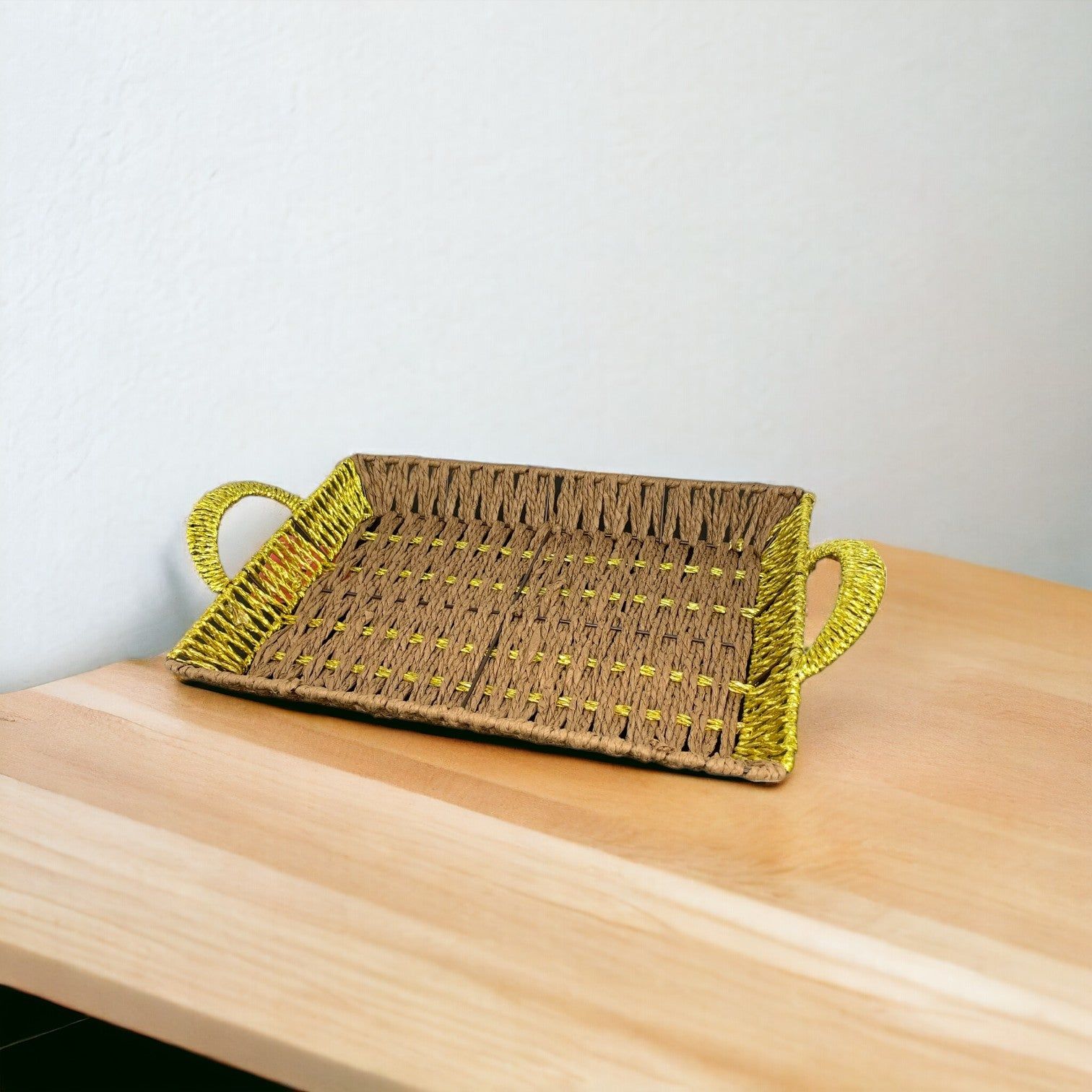 Rectangular Brown and golden Kane Basket with Golden Handles 32x20x5_1