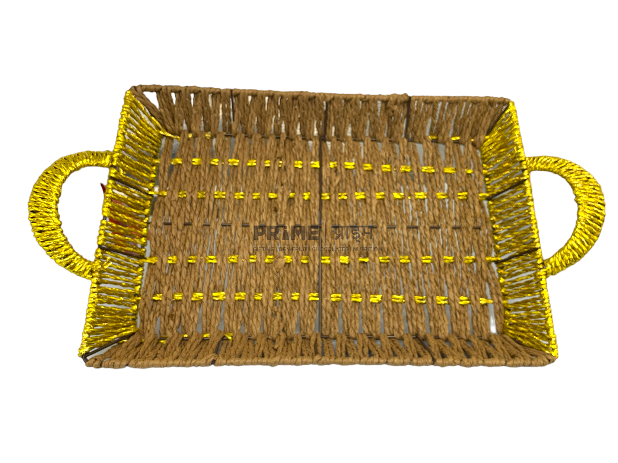 Rectangular Brown and golden Kane Basket with Golden Handles 32x20x5_6