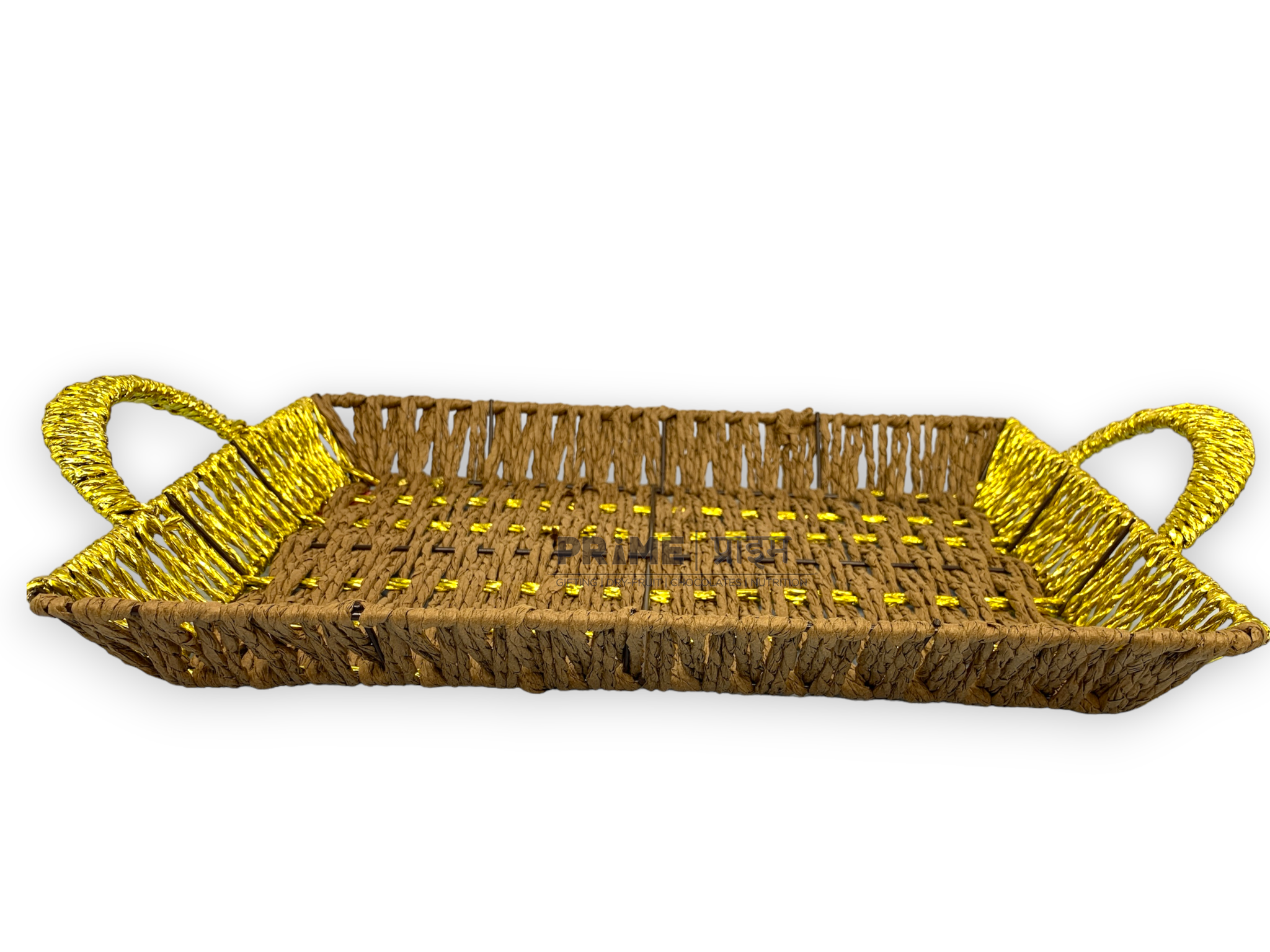 Rectangular Brown and golden Kane Basket with Golden Handles 32x20x5_5