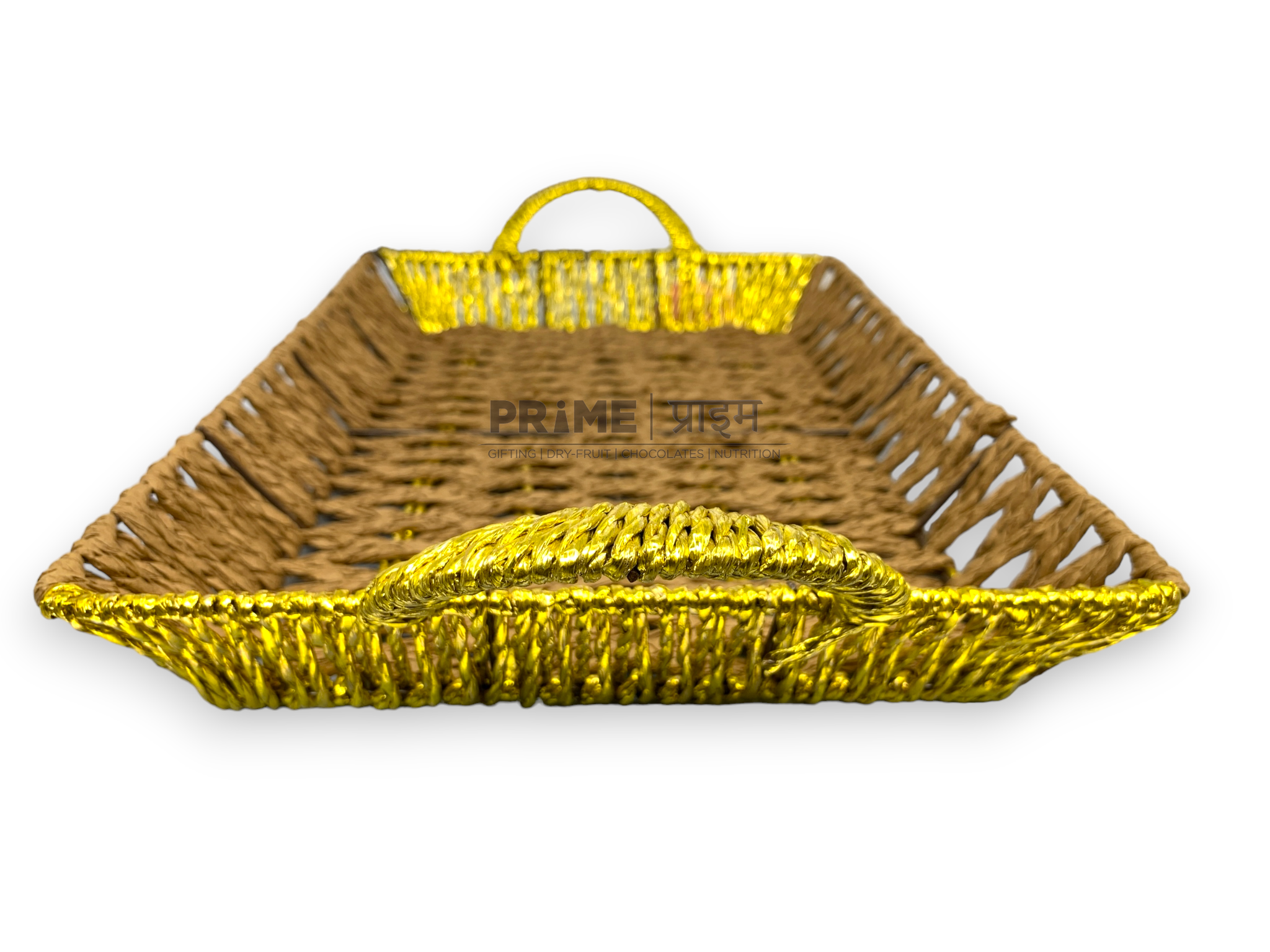 Rectangular Brown and golden Kane Basket with Golden Handles 32x20x5_7