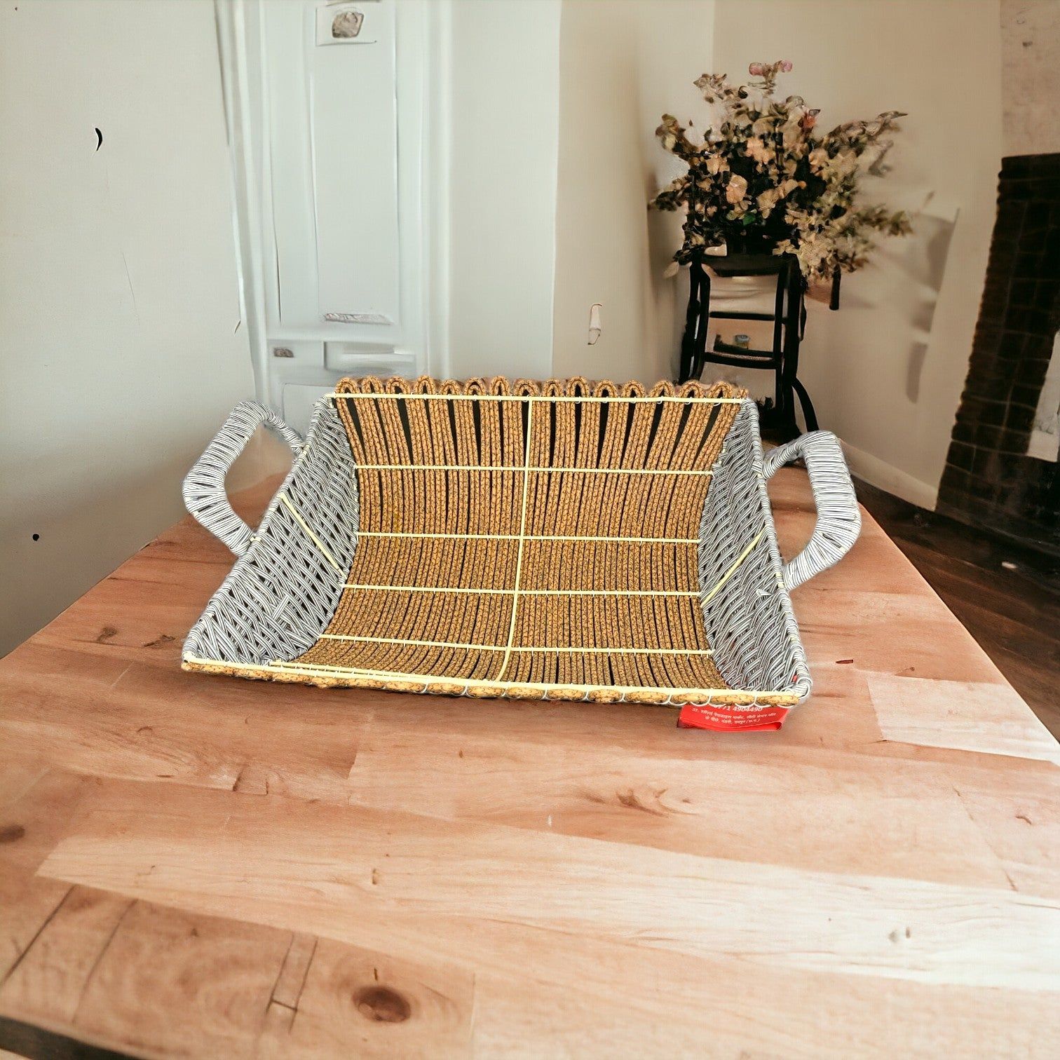 Rectangle Brown and Grey Rattan Basket with Handles 39x24x10_1