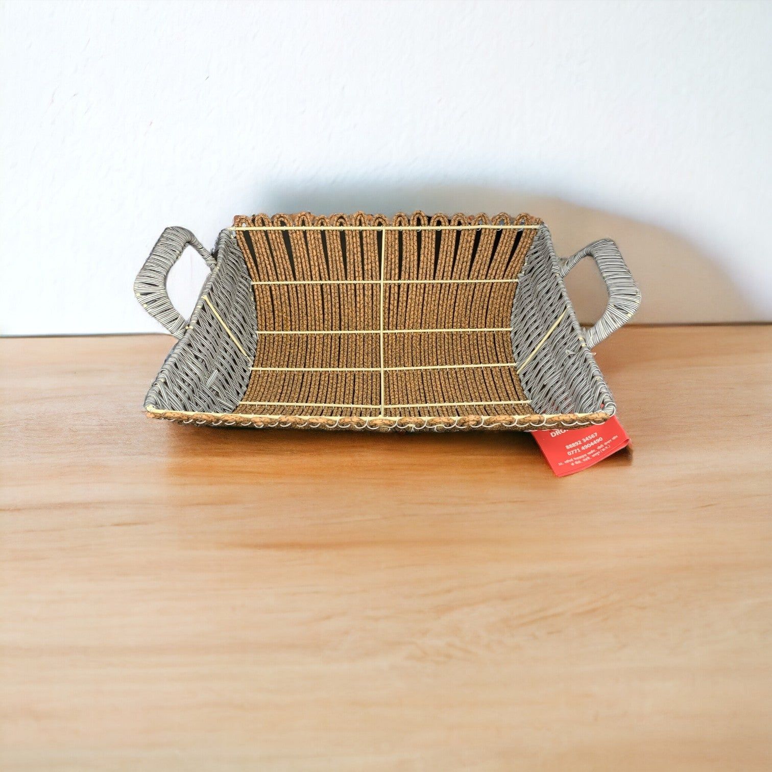 Rectangle Brown and Grey Rattan Basket with Handles 39x24x10_3