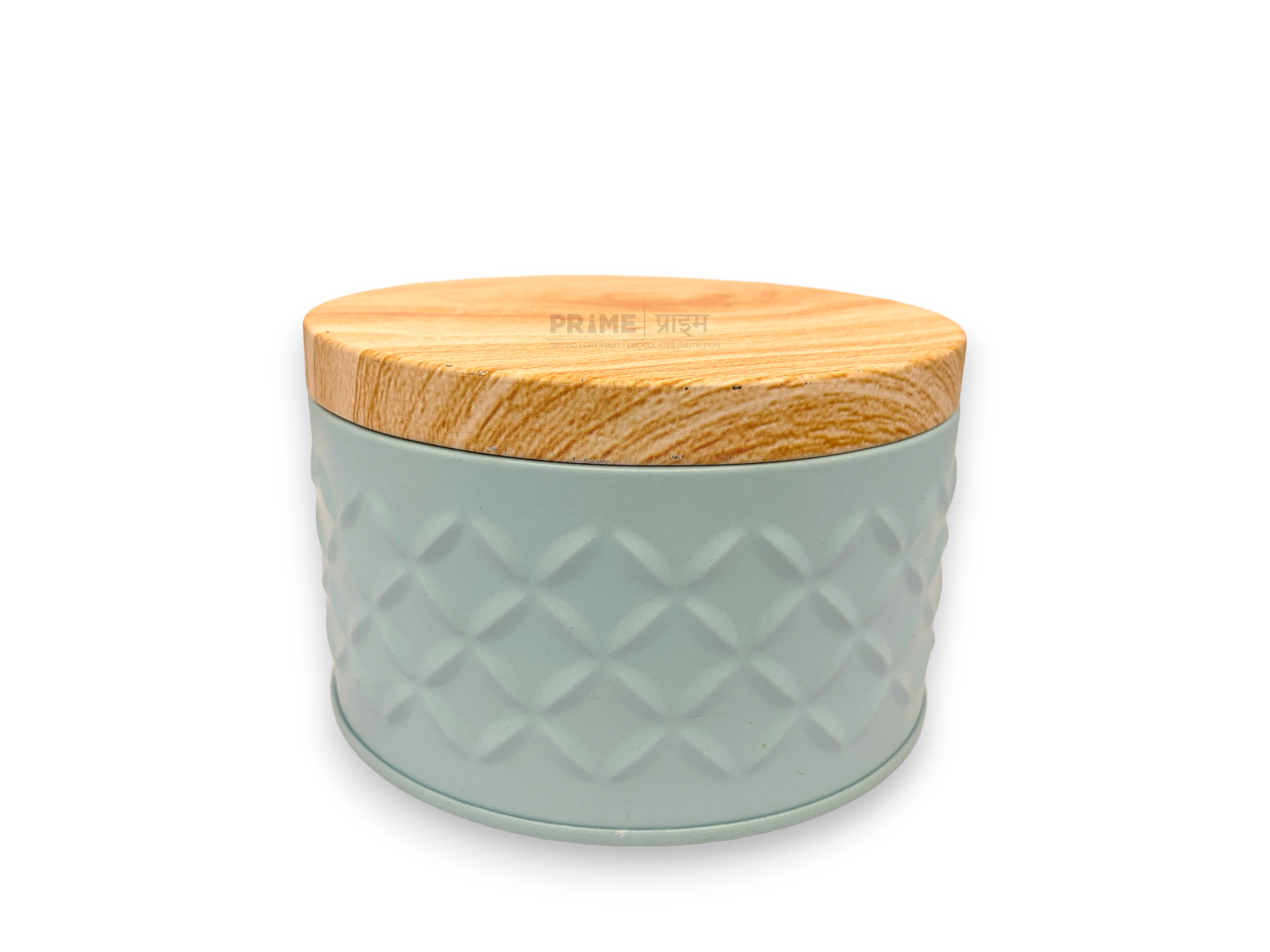 Blue Cylindrical Metal Box with Wooden Print Lid_1