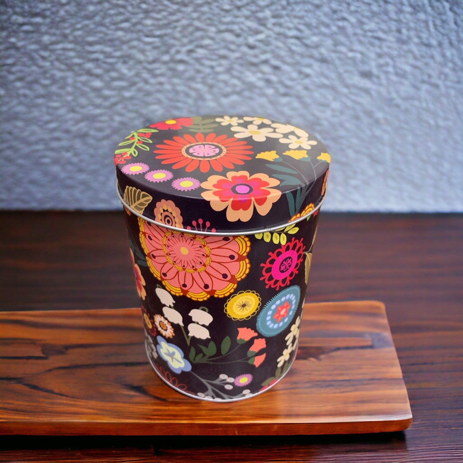 Black Cylindrical Floral Print Metal Container With Lid_3