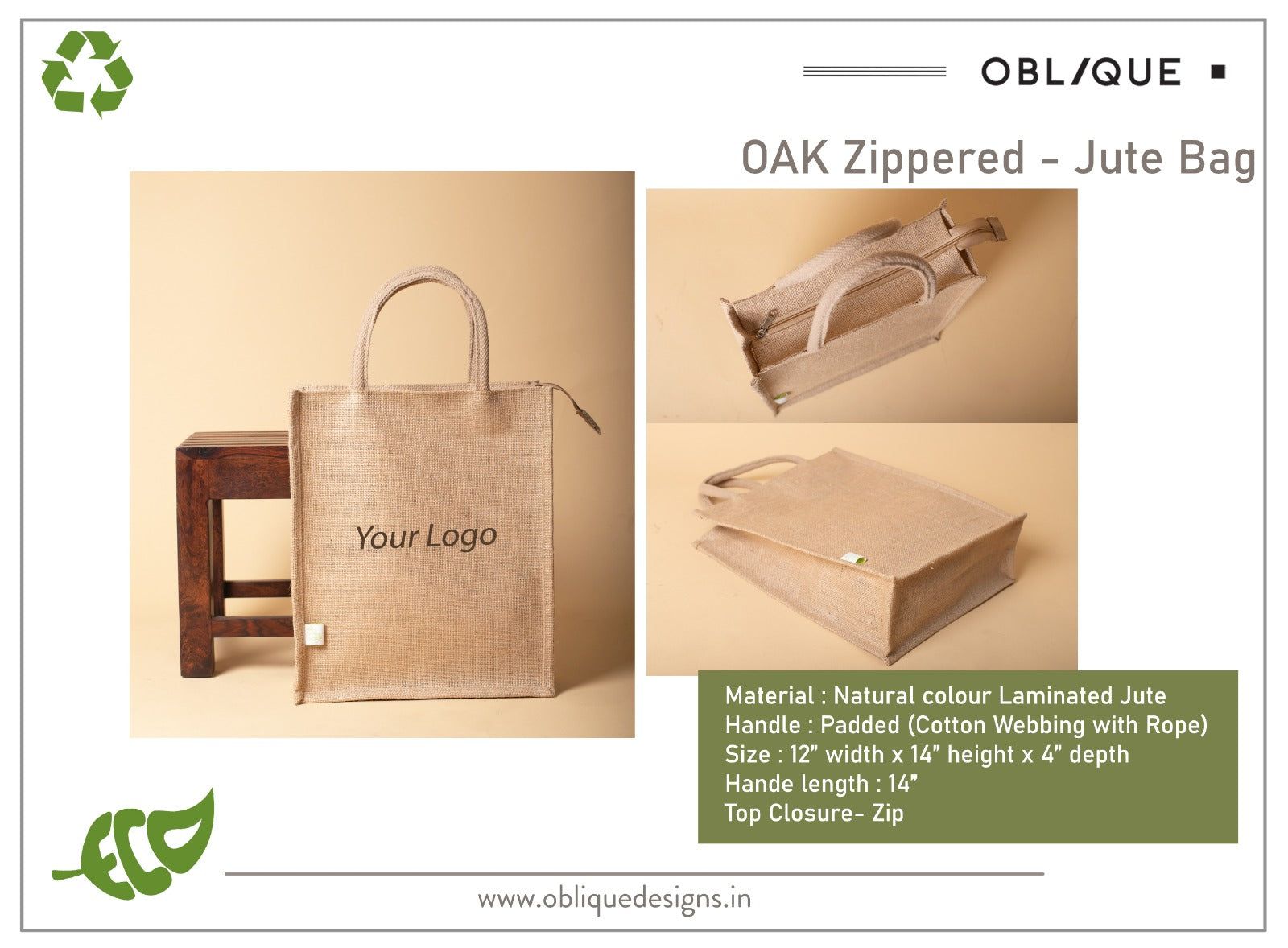 Oblique oak zipper jute bag natural_0