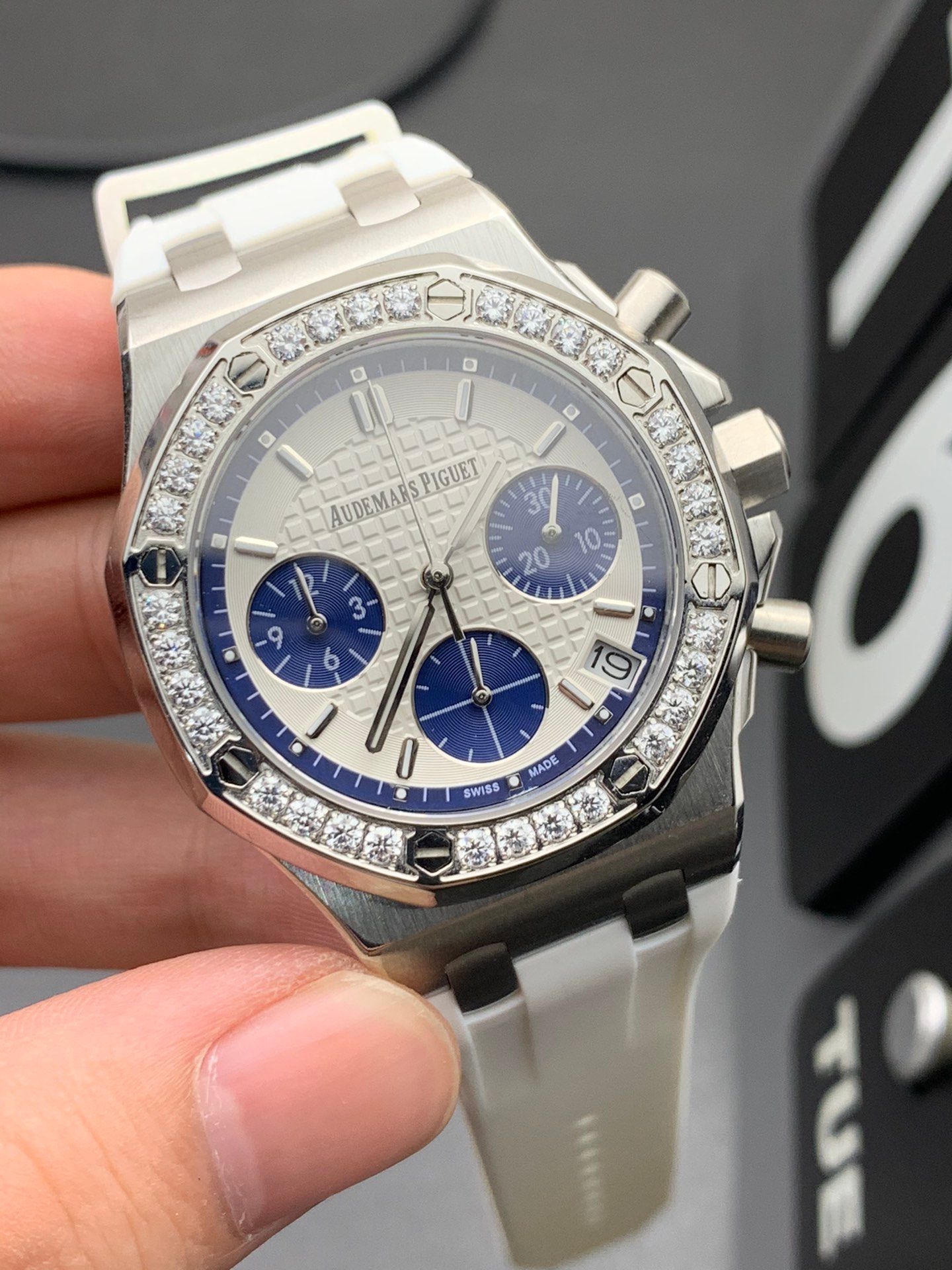 Audemars Piguet Royal Oak Offshore Chronograph - Silver and Blue with Diamond Bezel_1