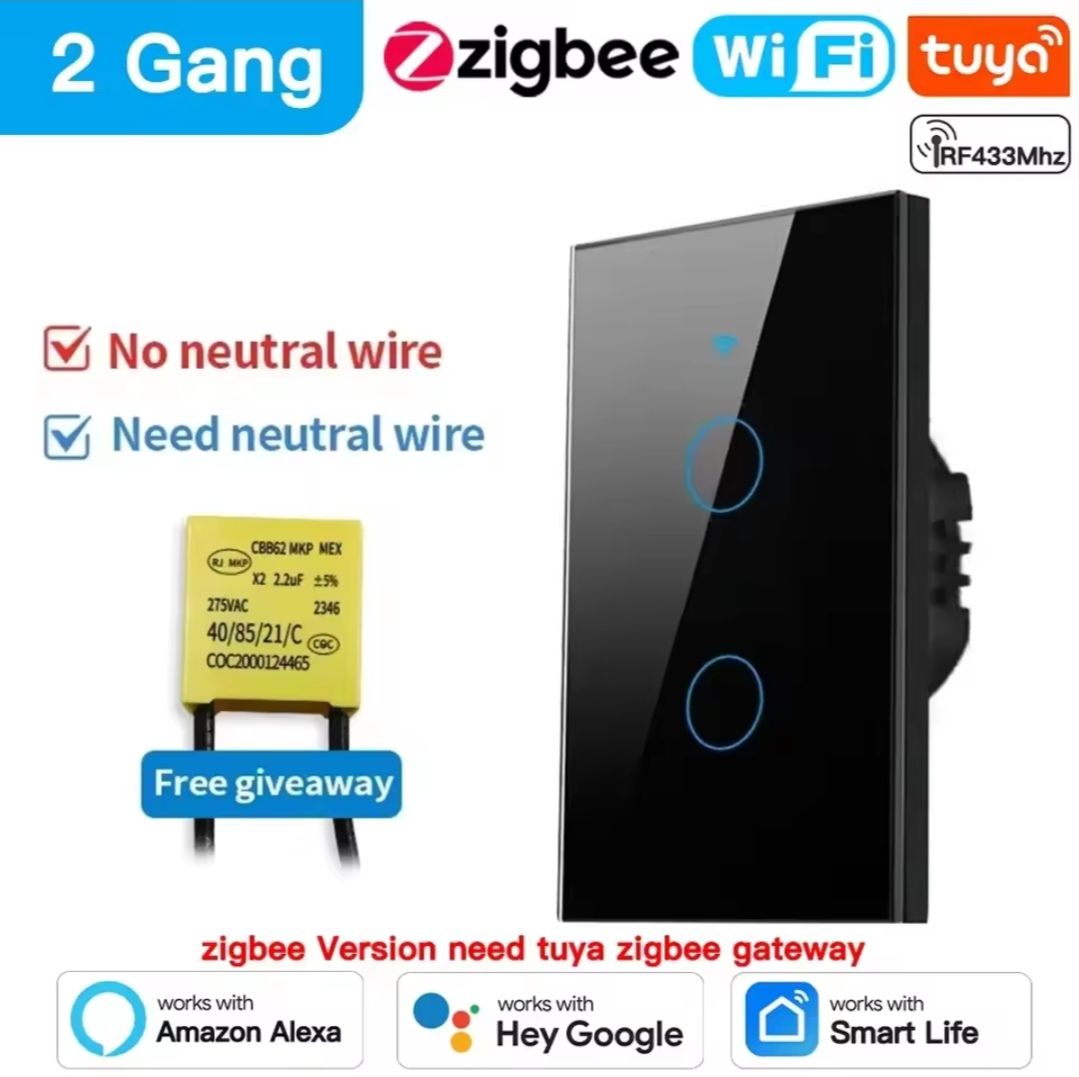 Interruptor de pared inteligente TNCE Tuya Wifi/Zigbee RF433/08,  doble , botón de Sensor táctil, sin cable neutro, voz con Alexa y Google Home_0