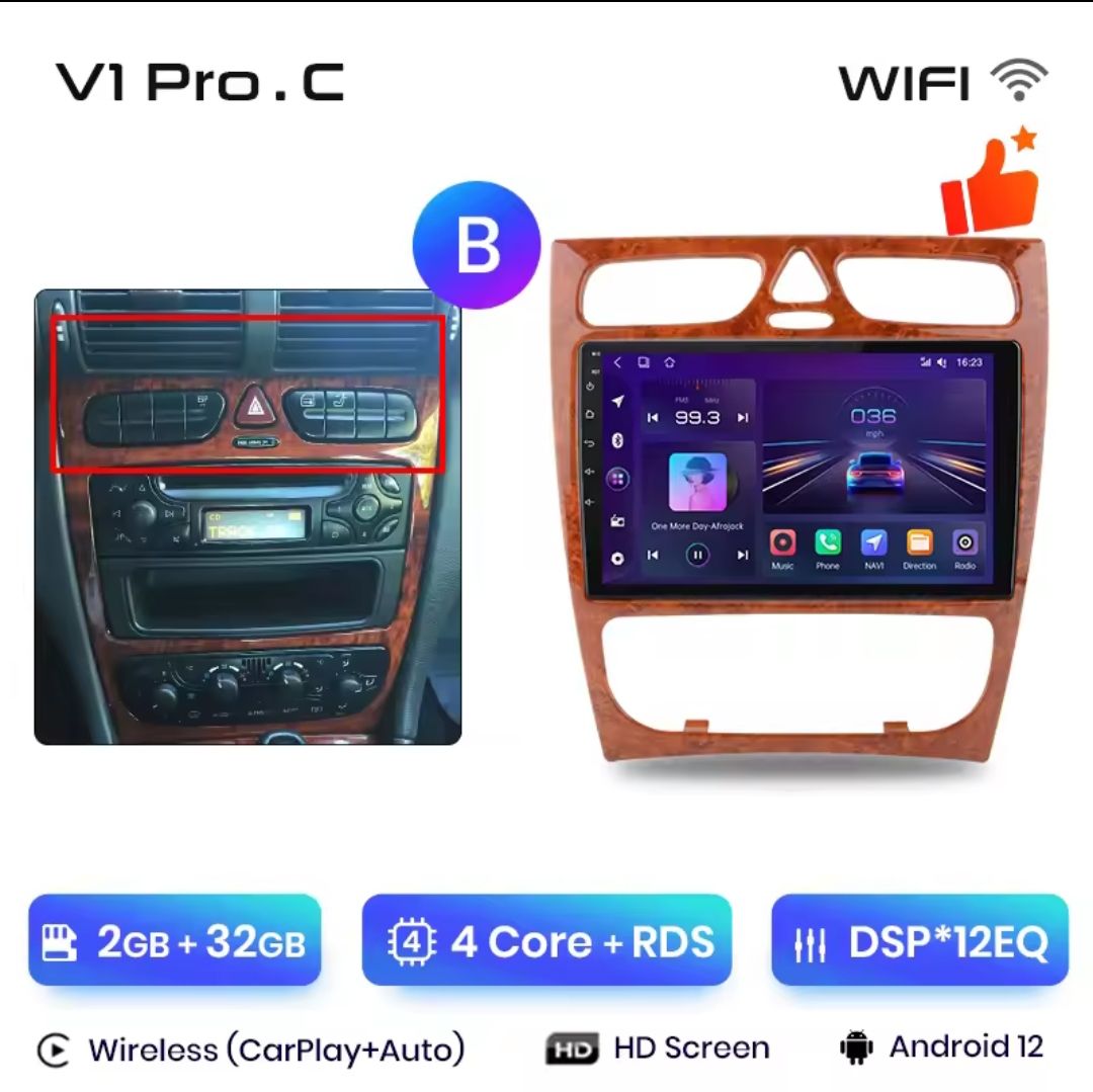 Rádio 9" Android Mercedes W203 S203 A209 Carplay 2/32GB GPS WiFi _0