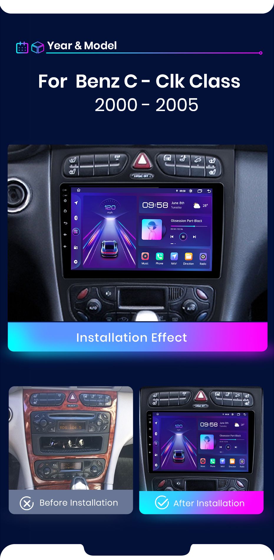 Rádio 9" Android Mercedes W203 S203 A209 Carplay 2/32GB GPS WiFi _5