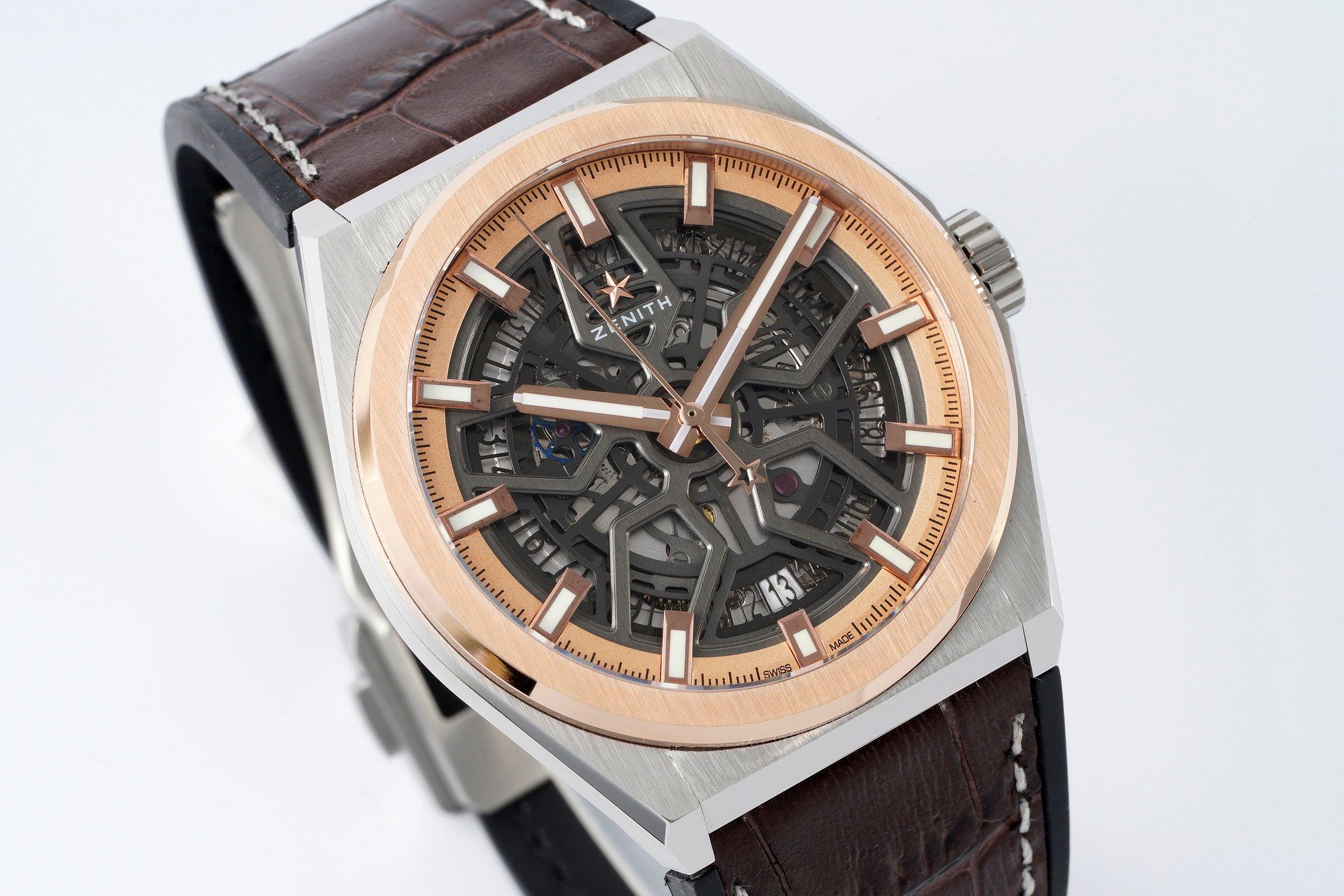 Zenith Defy Skeleton Silver and Rose gold with Brown leather strap _1