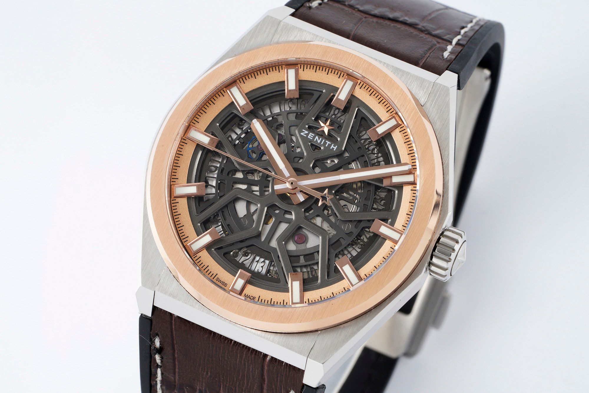 Zenith Defy Skeleton Silver and Rose gold with Brown leather strap _2