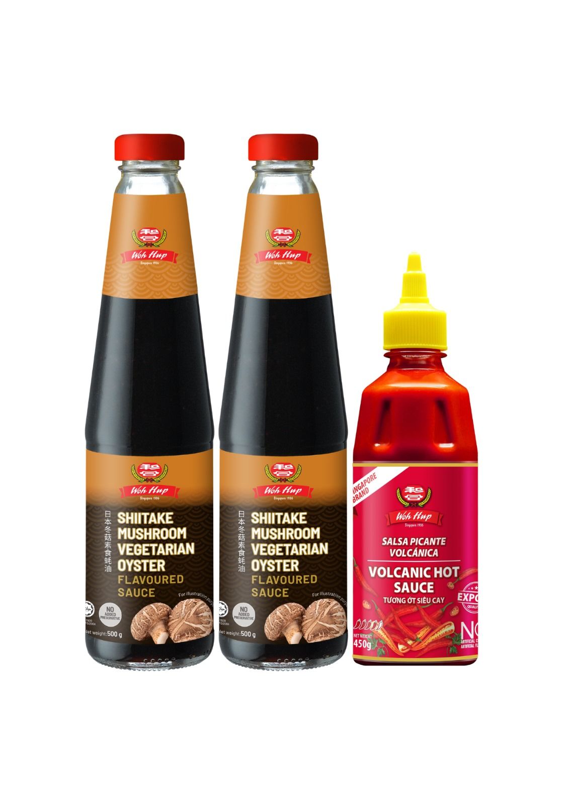 Woh Hup Shitake Mushroom Vegetarian Oyster Flavoured Sauce 500g x 2 bottles + Volcanic Hot Sauce 235g _0