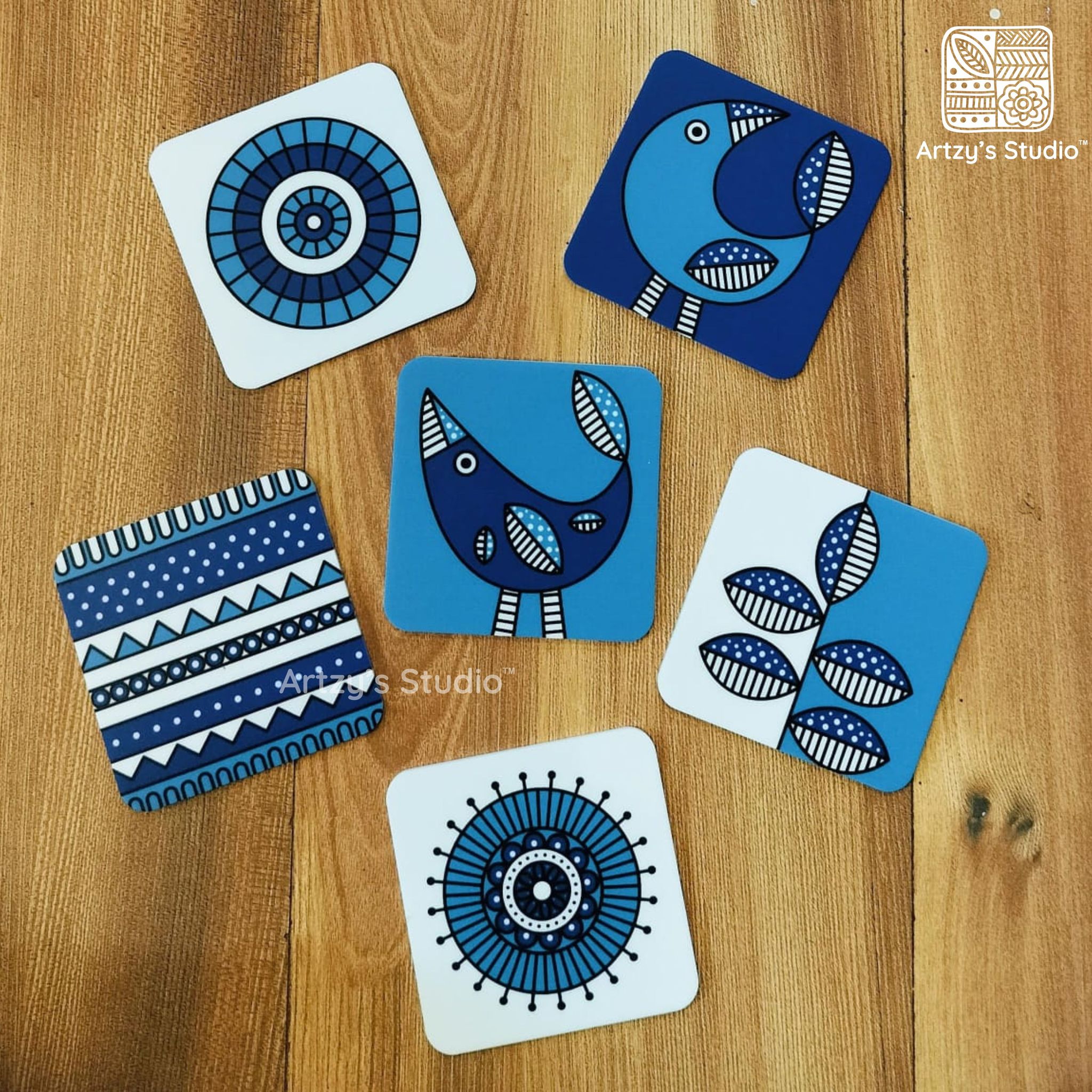 Digital Blue Bird & Leaf Tea Coaster - 6 Pieces_0