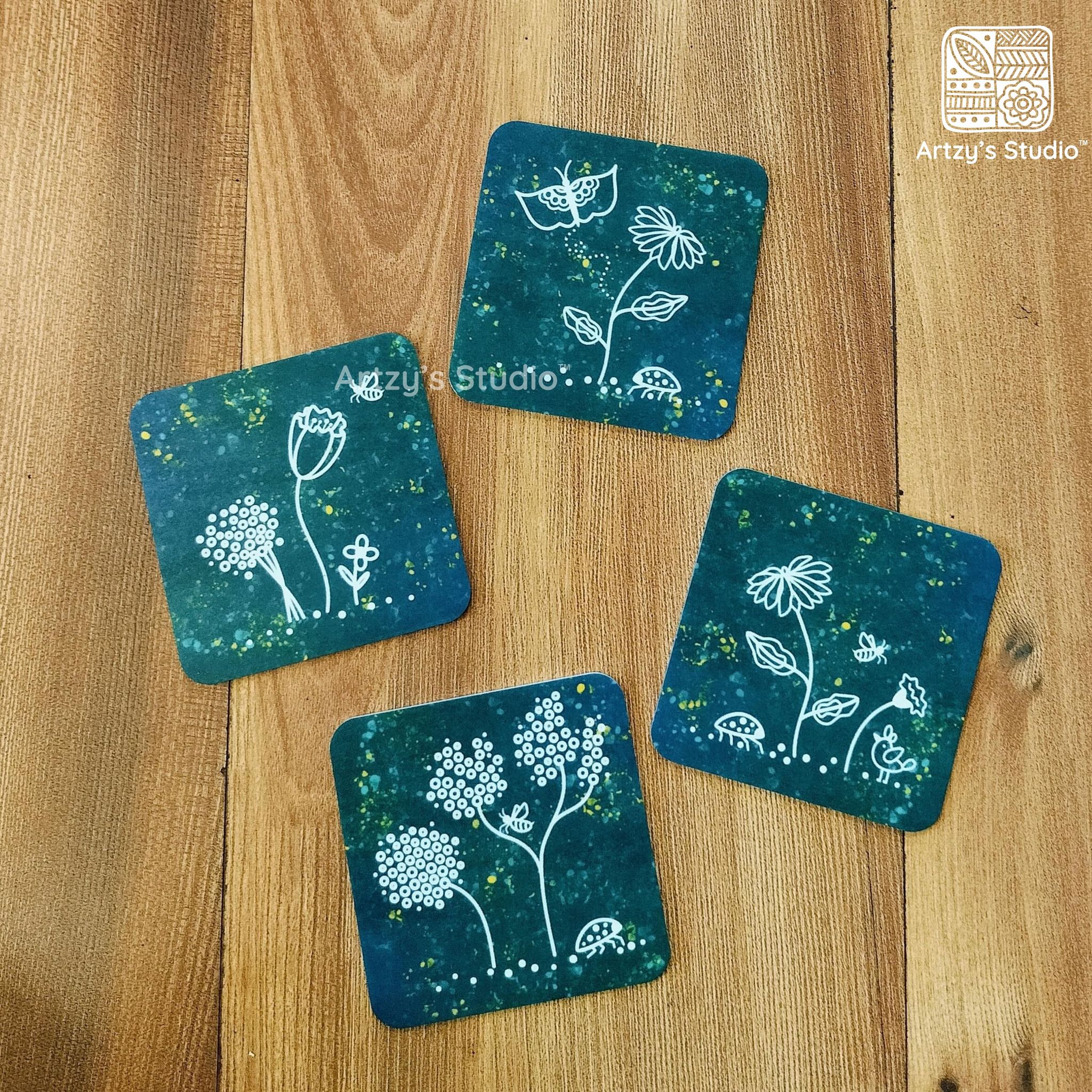 Digital Flower Green Tea Coaster - 4 Pieces_0