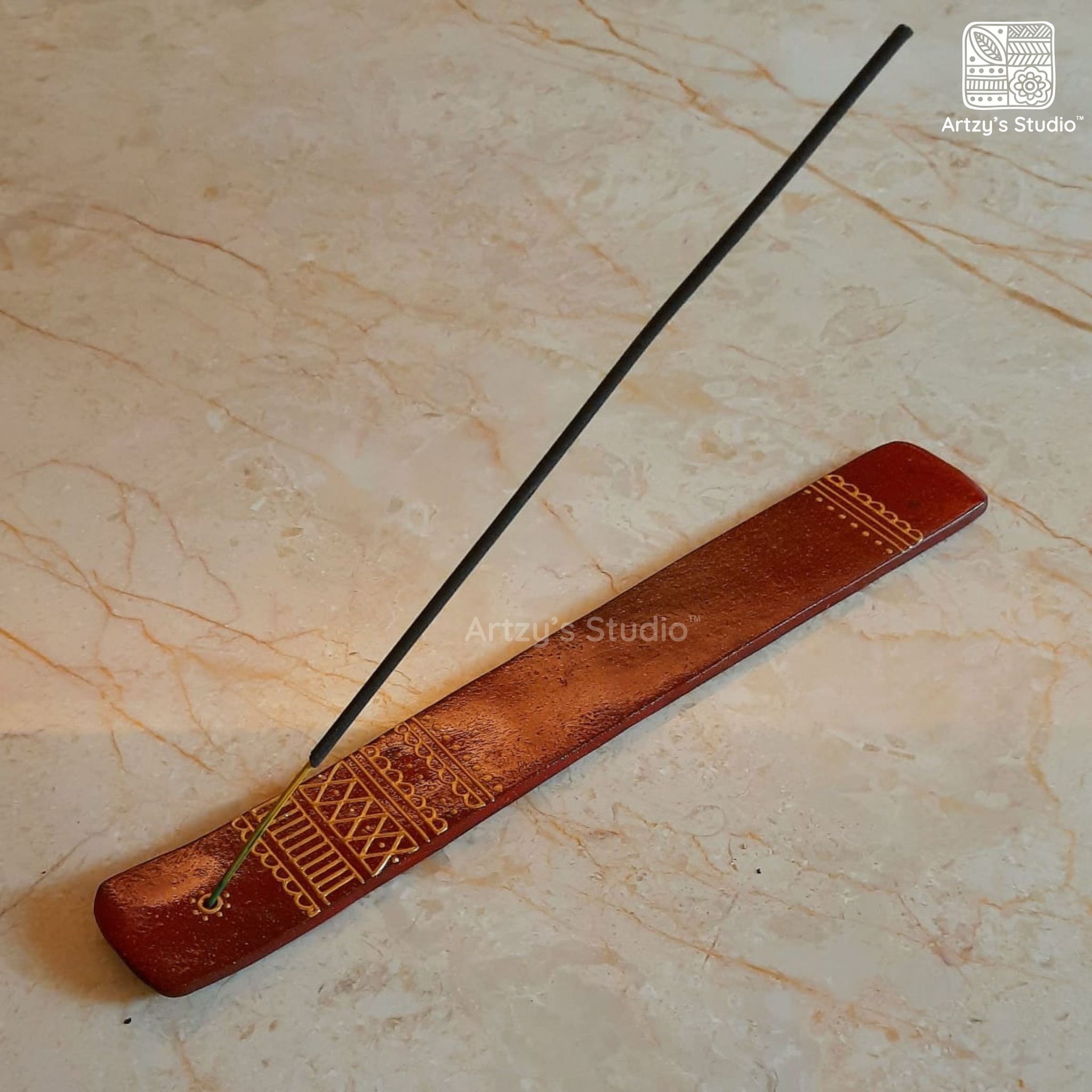 Brown Colour with Golden Border Design Wooden Incense Stick Holder Agarbatti Stand_0