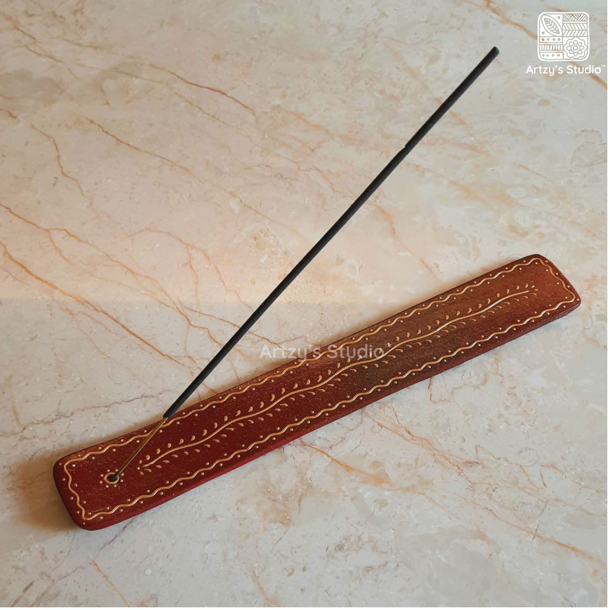 Brown Colour with Golden Vine Border Design Wooden Incense Stick Holder Agarbatti Stand_0