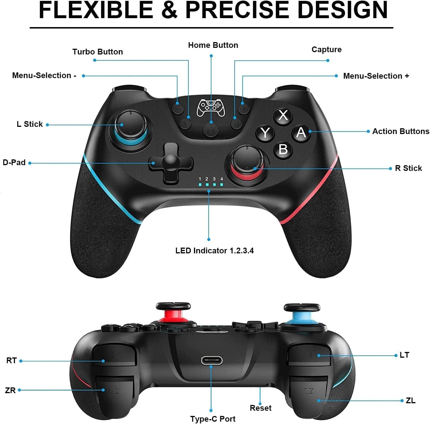 [2024 New Version]Wireless Pro Controller Compatible for Nintendo Switch Sefitopher Bluetooth Switch Pro Controller Gampad Joypad,PC Wired Controller Supports Gyro Axis Turbo and Dual Vibration with Charging Cable_3