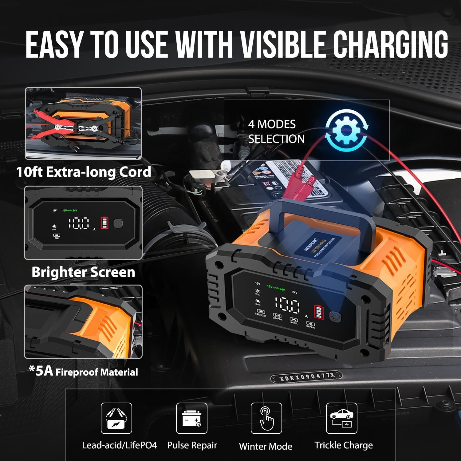 NEXPEAK NC202 10-Amp Battery Charger, 12V 24V LiFePO4 Lead Acid Portable Car Battery Charger 8-Stage Trickle Charger Smart Battery Maintainer w/Temp Compensation for Car Truck Motorcycle Lawn Mower_3