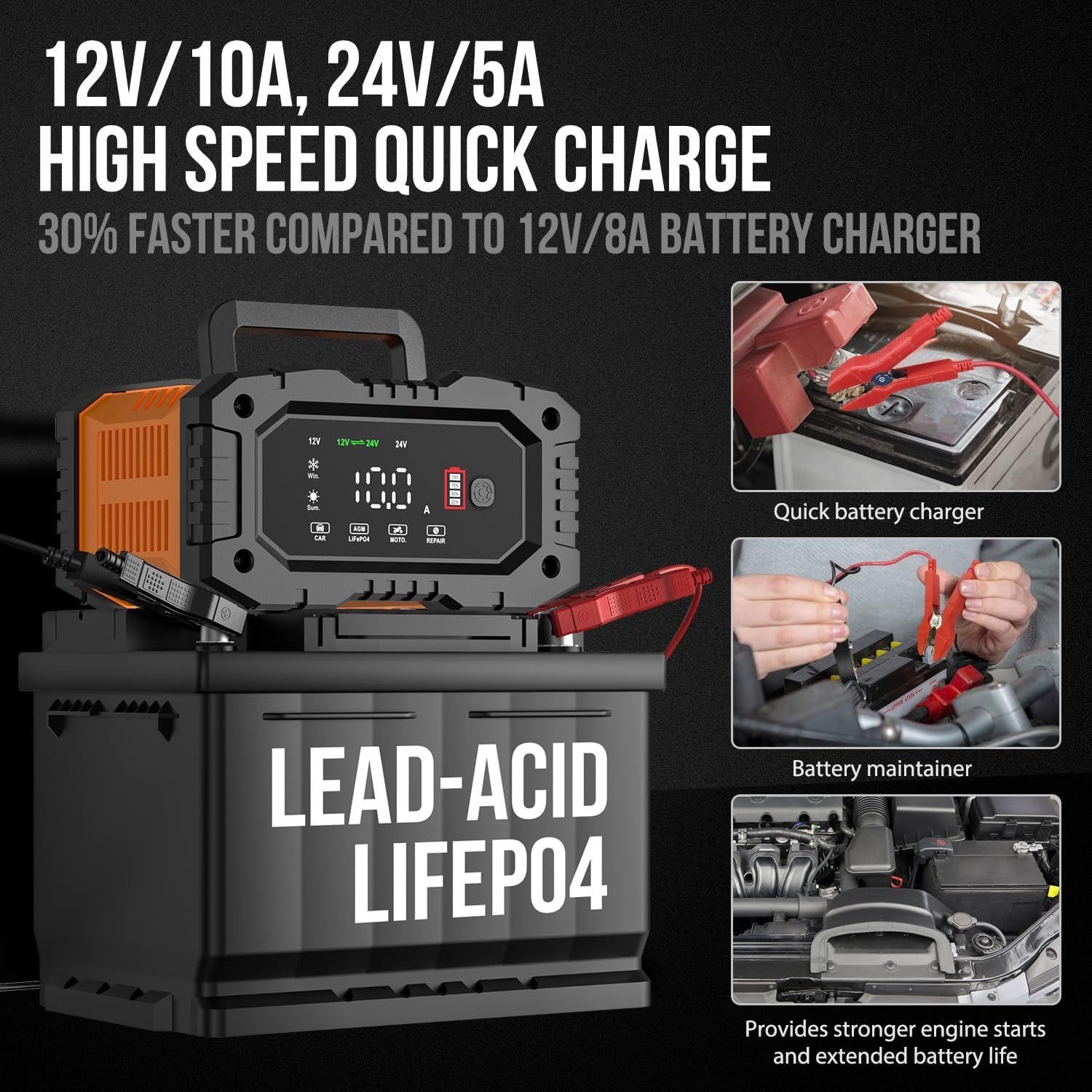 NEXPEAK NC202 10-Amp Battery Charger, 12V 24V LiFePO4 Lead Acid Portable Car Battery Charger 8-Stage Trickle Charger Smart Battery Maintainer w/Temp Compensation for Car Truck Motorcycle Lawn Mower_4