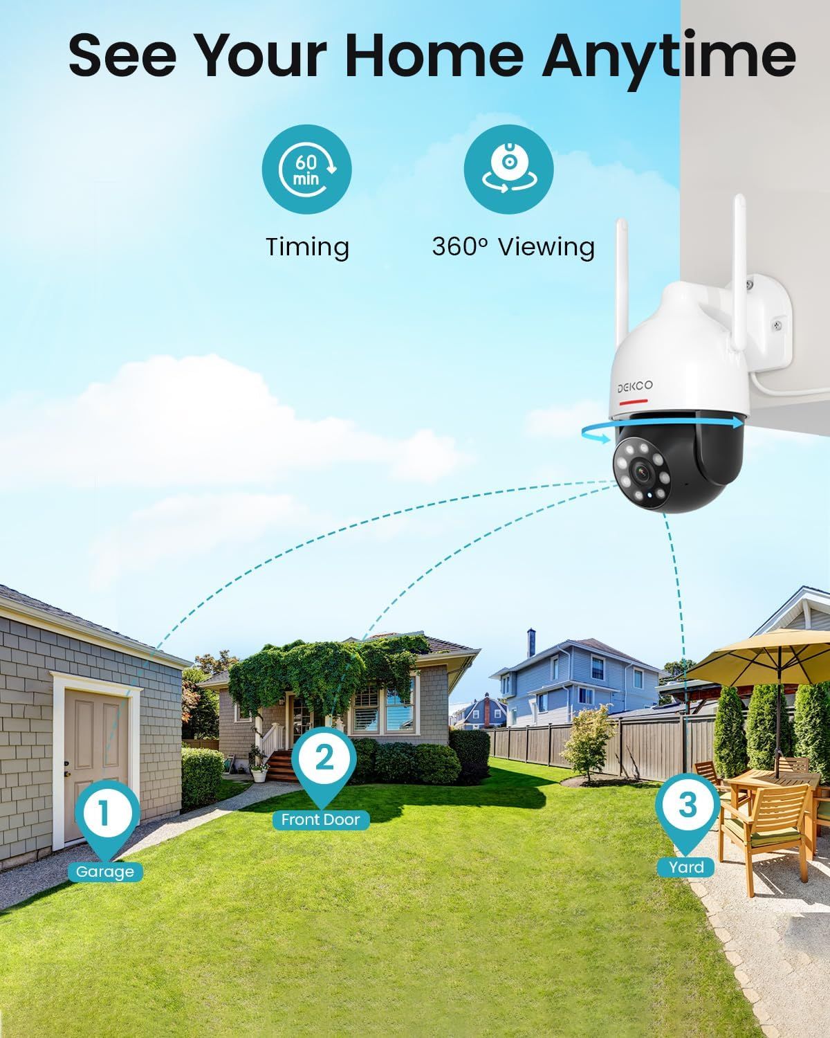 DEKCO 2K HD Outdoor Security Camera with 360 Degree Pan-Tilt Motion Tracking,Home Camera Surveillance Exterieur, WiFi Security Camera, Full Color Night Vision, Sound-Light Alarm, 2-Way Audio, Waterproof_2