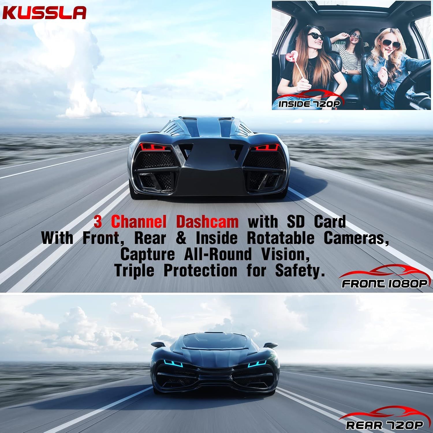 Kussla 3-Channel 1080P Dash Cam with 64GB Card Front, rear, and interior recording, super night vision, loop recording, G-sensor, WDR, and motion detection._3