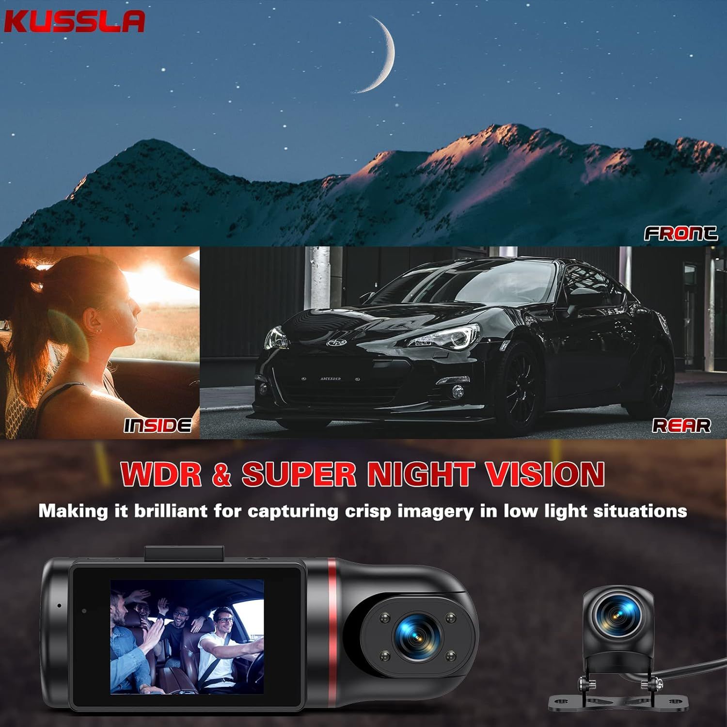 Kussla 3-Channel 1080P Dash Cam with 64GB Card Front, rear, and interior recording, super night vision, loop recording, G-sensor, WDR, and motion detection._2