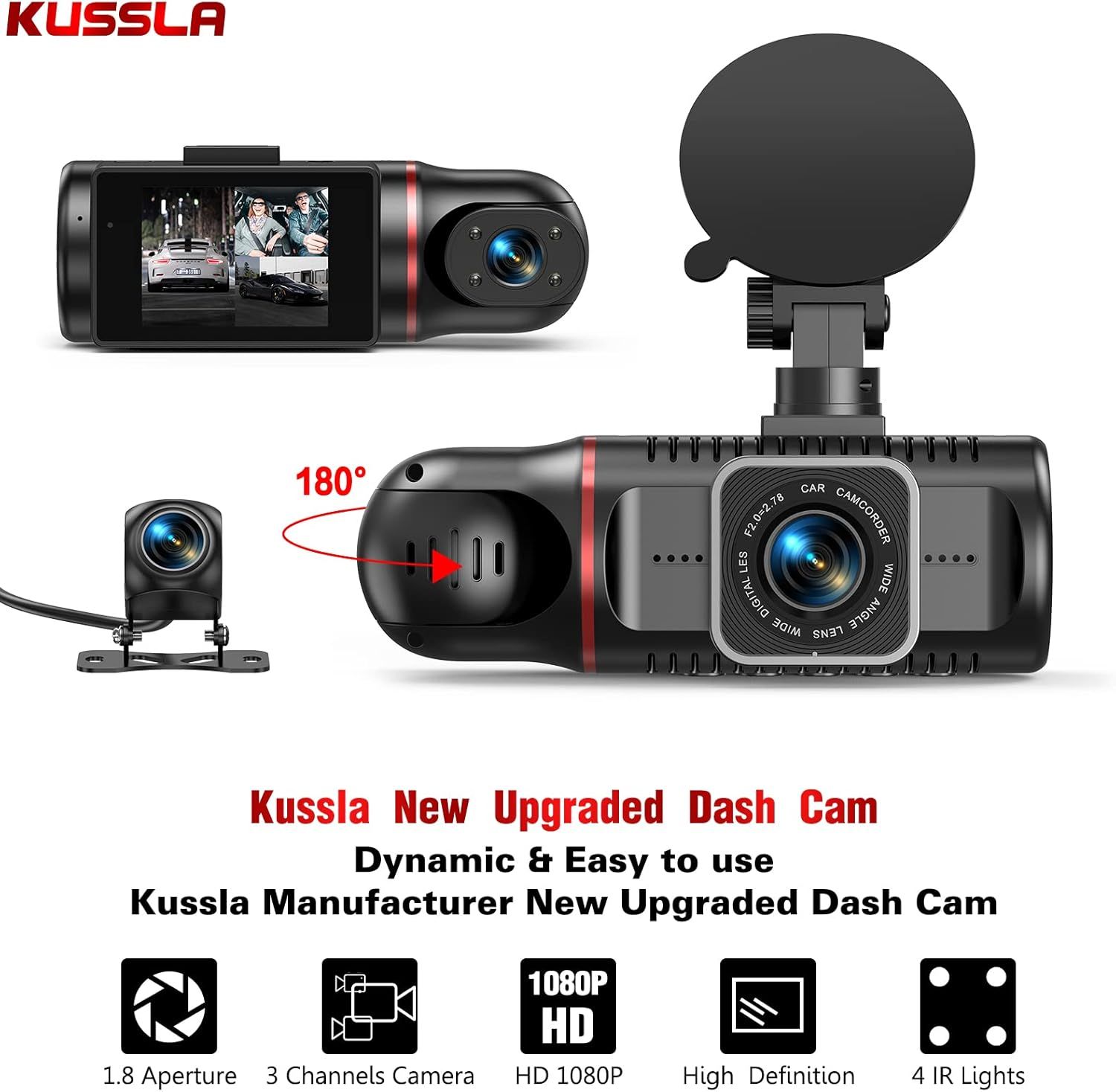 Kussla 3-Channel 1080P Dash Cam with 64GB Card Front, rear, and interior recording, super night vision, loop recording, G-sensor, WDR, and motion detection._1