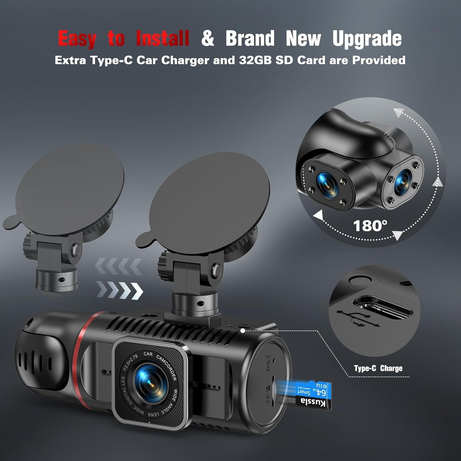 Kussla 3-Channel 1080P Dash Cam with 64GB Card Front, rear, and interior recording, super night vision, loop recording, G-sensor, WDR, and motion detection._4