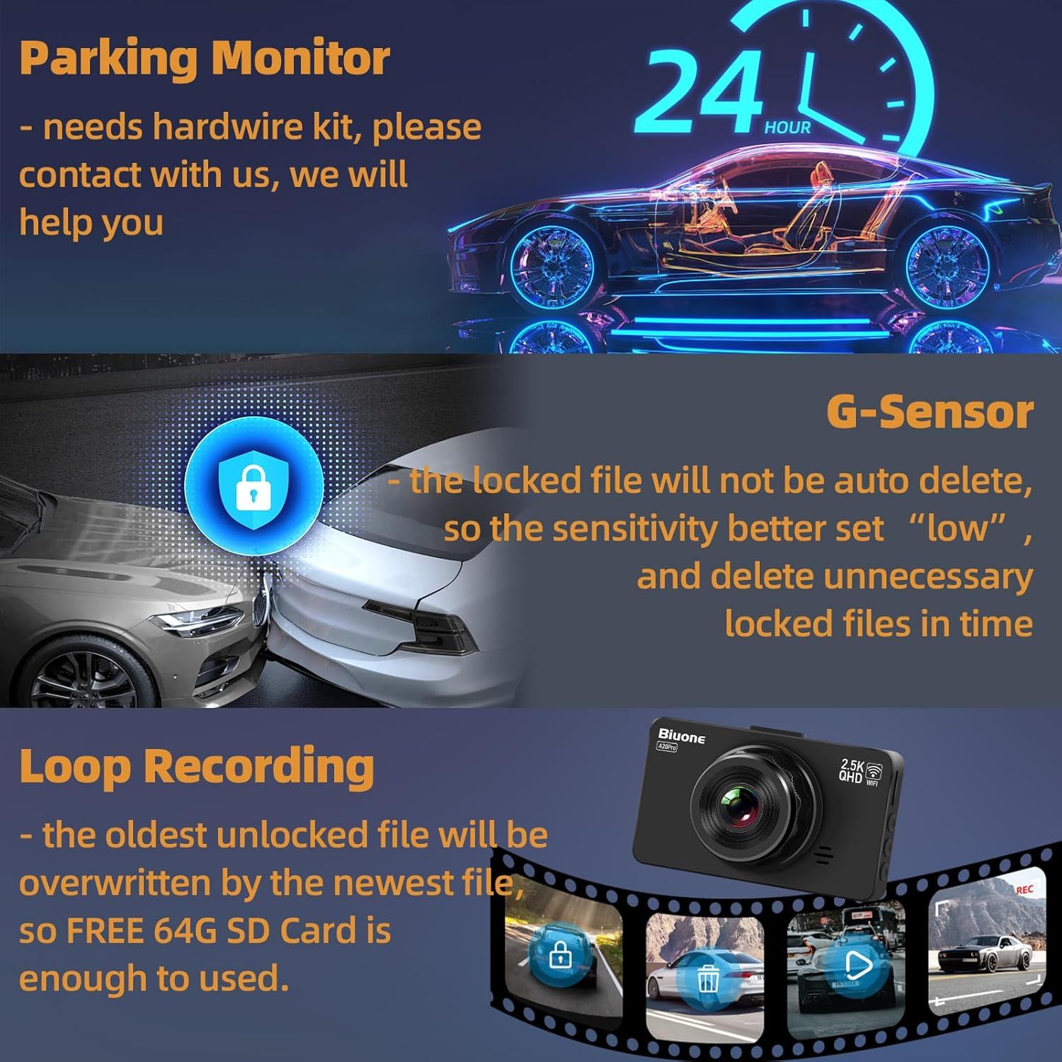 Dash Cam Front and Rear Camera, WiFi Dash Camera for Cars with 64G Card_6