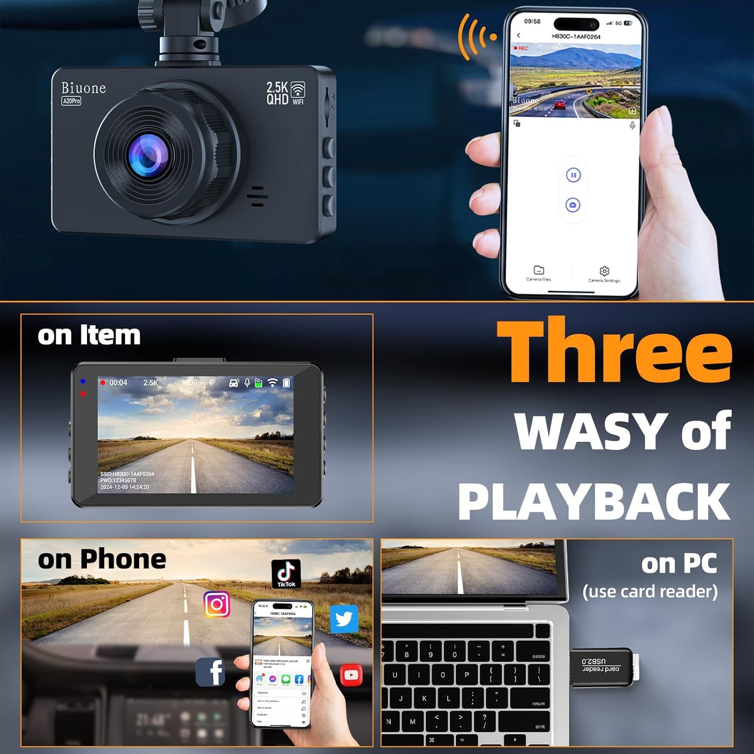 Dash Cam Front and Rear Camera, WiFi Dash Camera for Cars with 64G Card_7