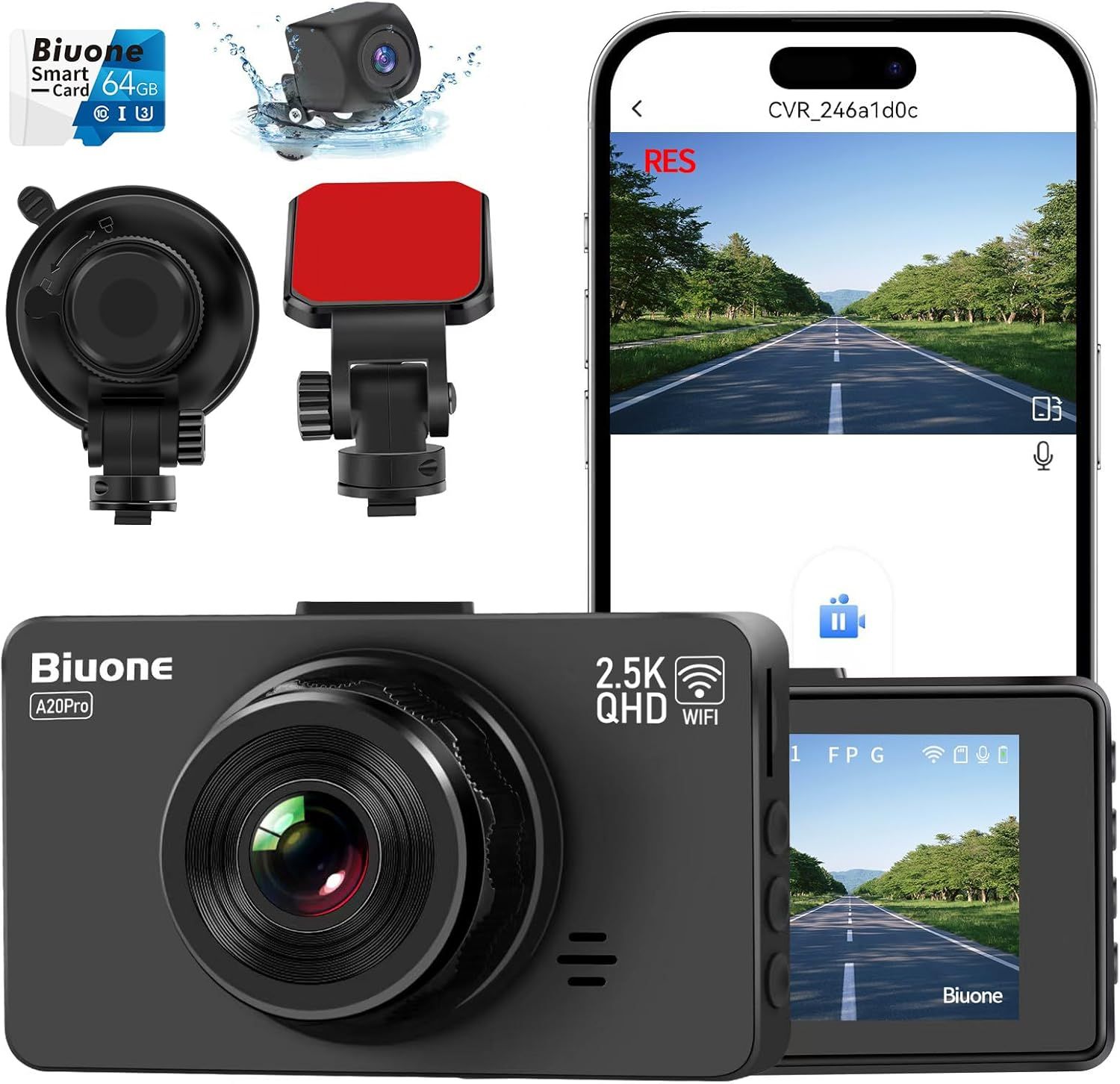 Dash Cam Front and Rear Camera, WiFi Dash Camera for Cars with 64G Card_0