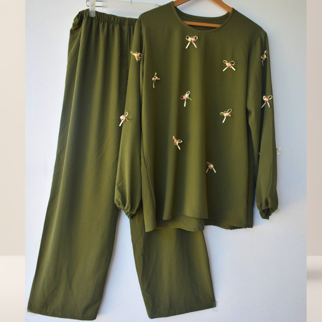 Olive green Co ord Set with bow appliquee_0