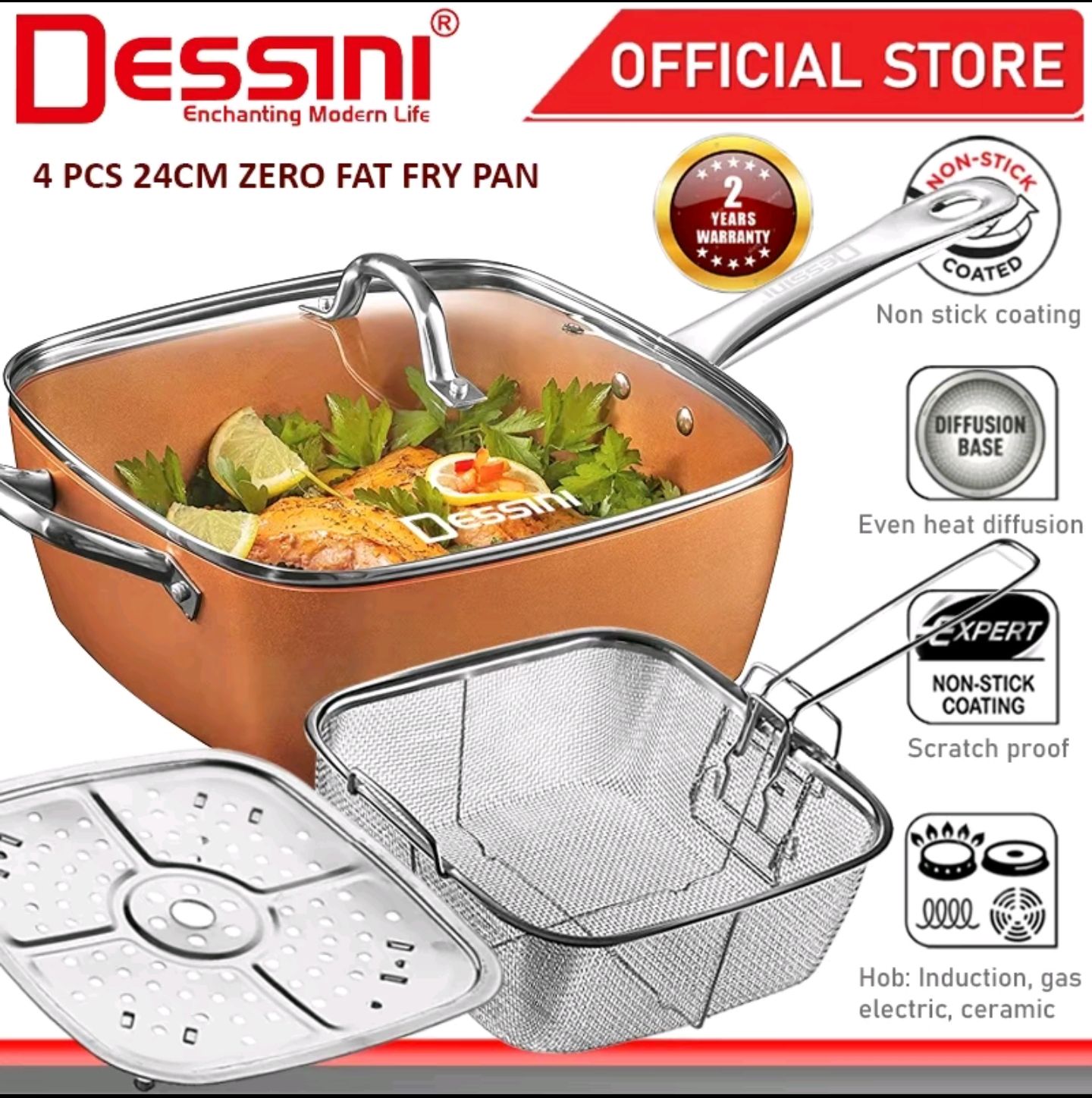 DESSINI ITALY Zero Fat 4 Pcs Aluminium Induction Non Stick Copper Casserole Pot Bowl Deep Frying Pan Basket + Steamer_0