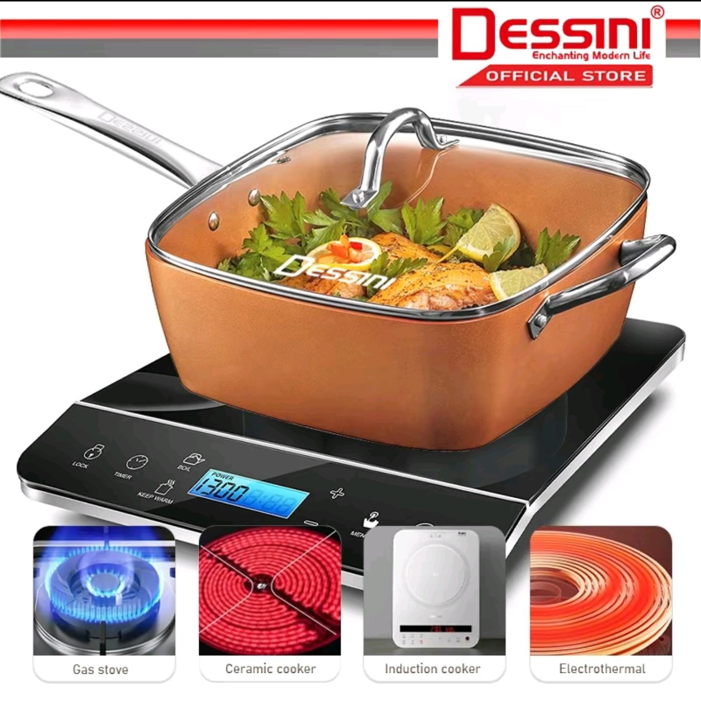 DESSINI ITALY Zero Fat 4 Pcs Aluminium Induction Non Stick Copper Casserole Pot Bowl Deep Frying Pan Basket + Steamer_4