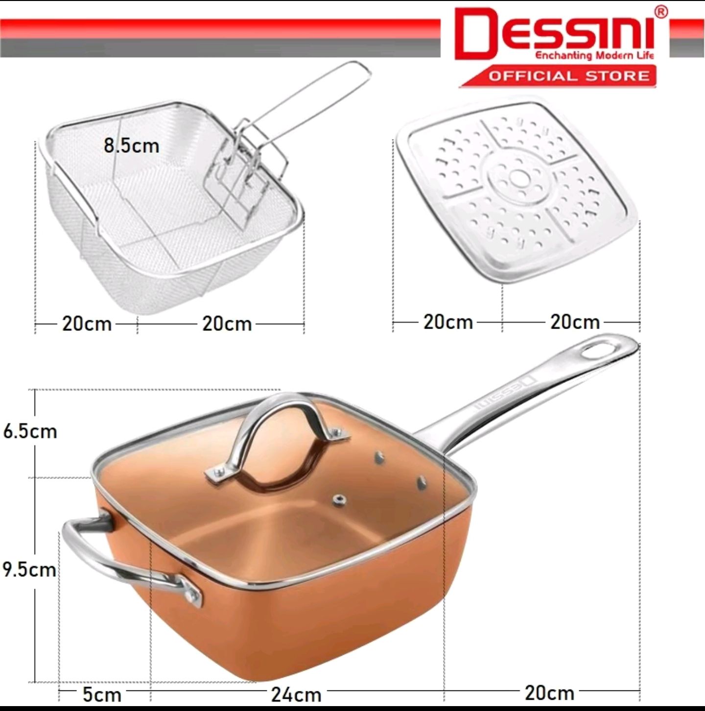 DESSINI ITALY Zero Fat 4 Pcs Aluminium Induction Non Stick Copper Casserole Pot Bowl Deep Frying Pan Basket + Steamer_1