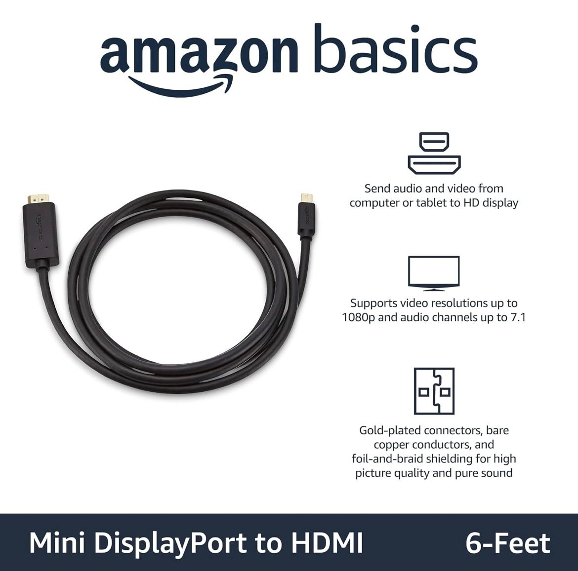 Amazon Basics Cable Mini DisplayPort macho a HDMI macho, 1080p, conectores chapados en oro, 6 pies, negro para computadora personal_3