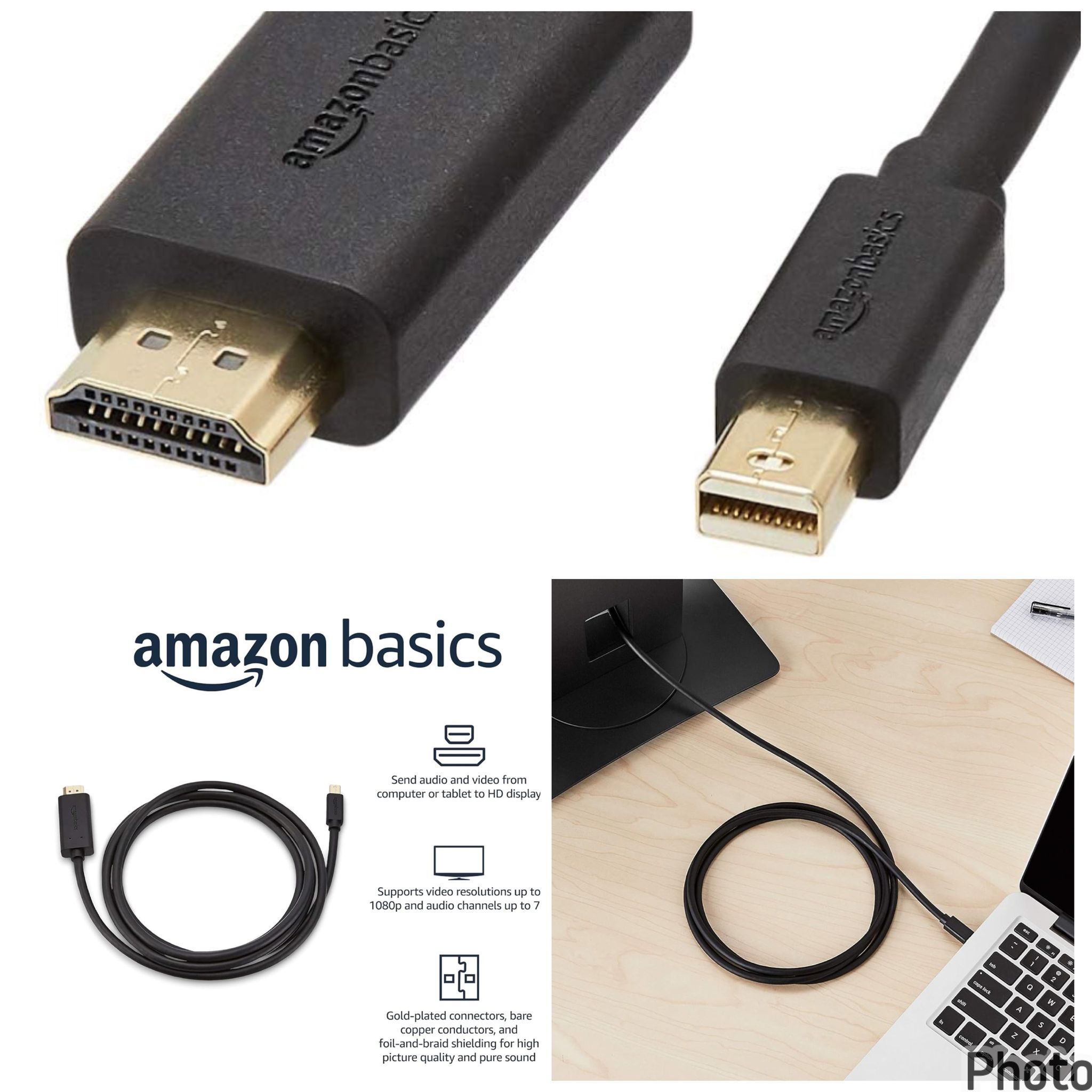 Amazon Basics Cable Mini DisplayPort macho a HDMI macho, 1080p, conectores chapados en oro, 6 pies, negro para computadora personal_0