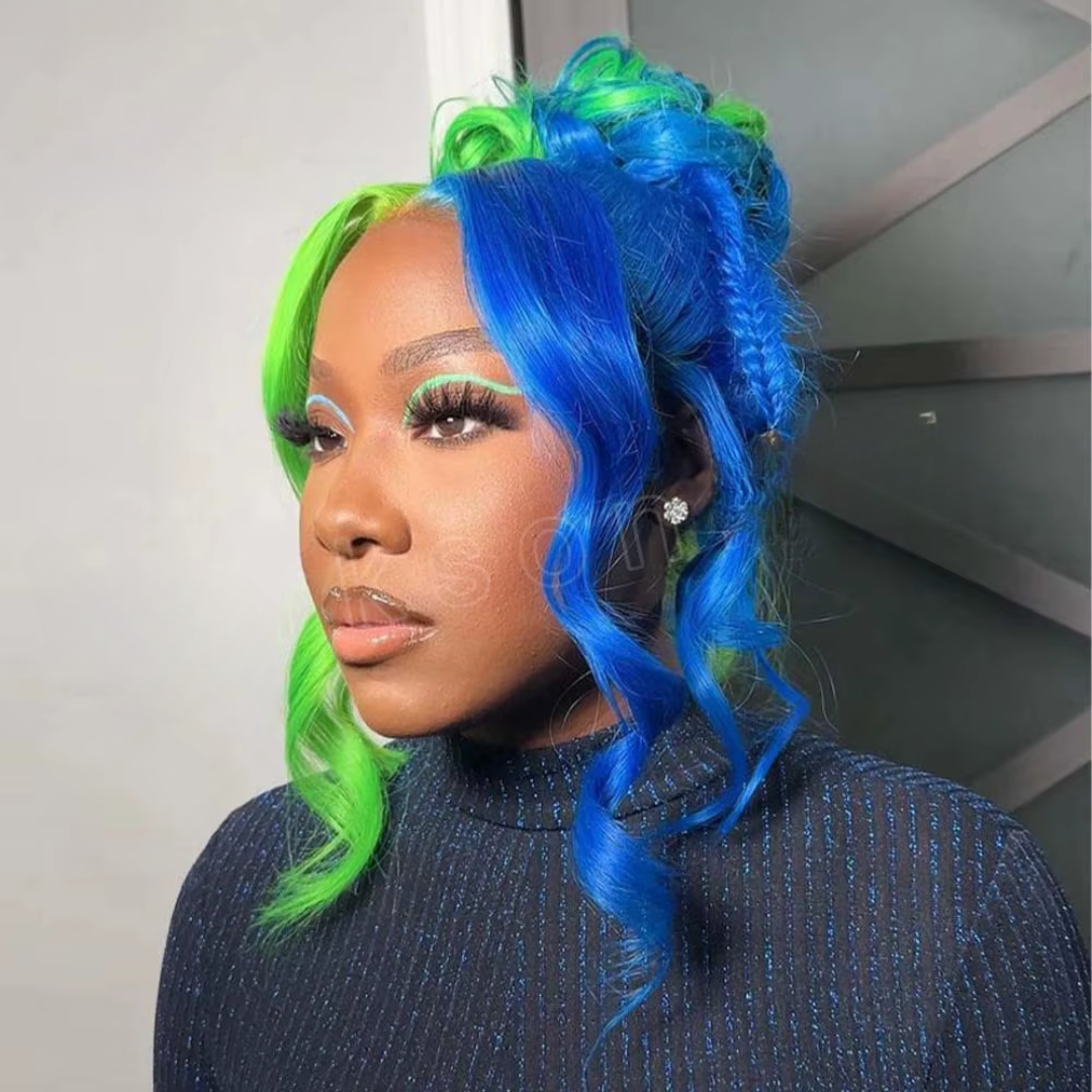 16inches TPart Blue/Green Highlight Body Wave Wig_0