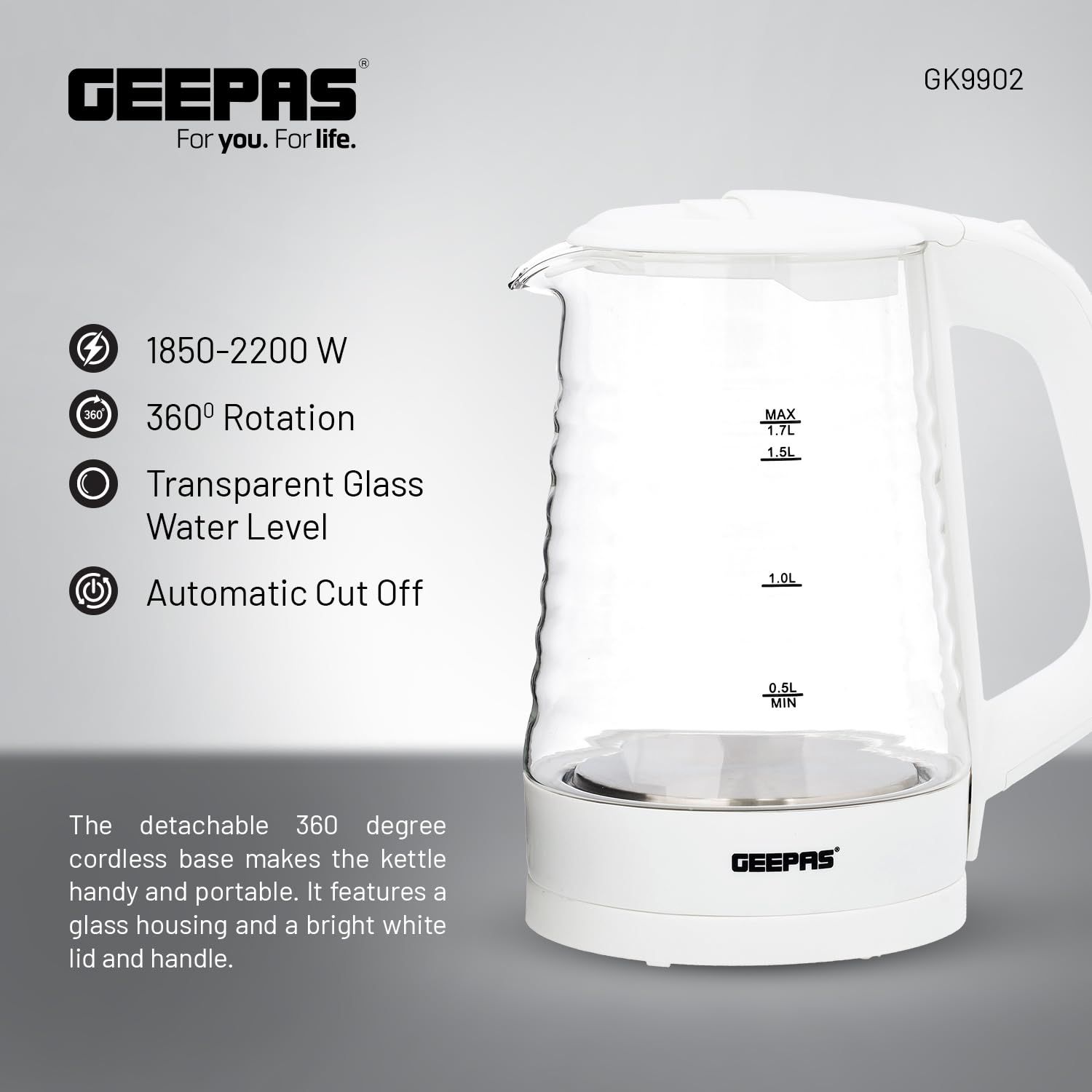 Geepas 1.7 L Electric Glass Kettle- GK9902N| 360-Degrees Rotation, Light Indicator and Automatic Cut-Off_4