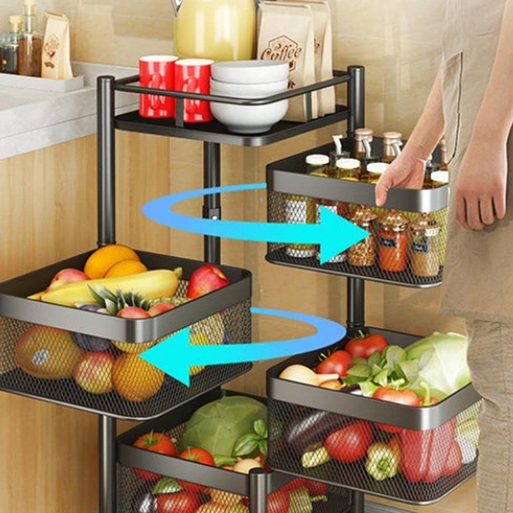 Metal Kitchen with 5 Open Basket Shelves and 4 360 Degree Swivel Wheels Space Saving Trolley Home Kitchen Furniture Size 85 x 26 cm Modern Design (Square) _2