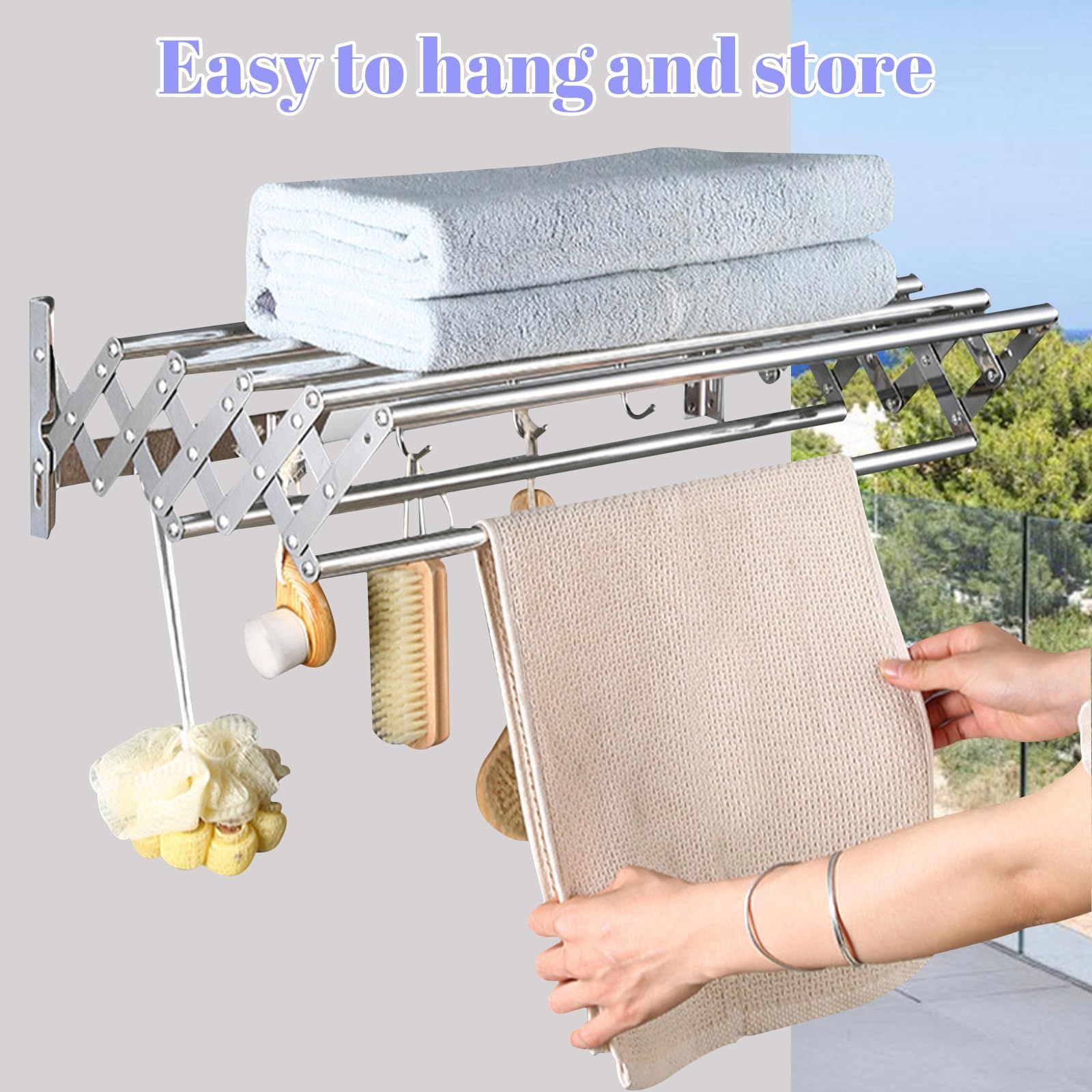 Wall Mounted Clothes Drying Rack, Laundry Drying Rack Collapsible, Rustproof Accordion Retractable Drying Rack for Bathroom, Space Saving Drying Rack for Laundry with 7 Drying Rods, Towel Drying Rack_4