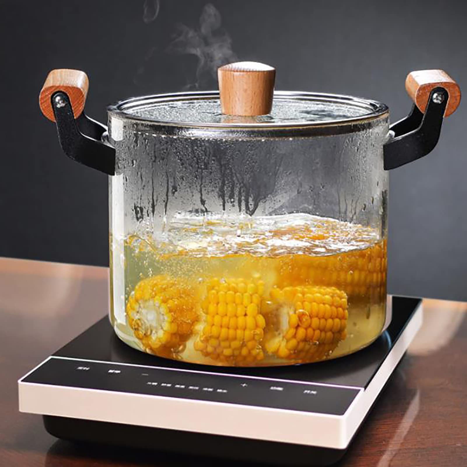 4.5L Clear Glass Pot for Cooking on Stove, Big Glass Cooking Pot with Wooden Handle, Large Glass Simmer Pot for Stove_2