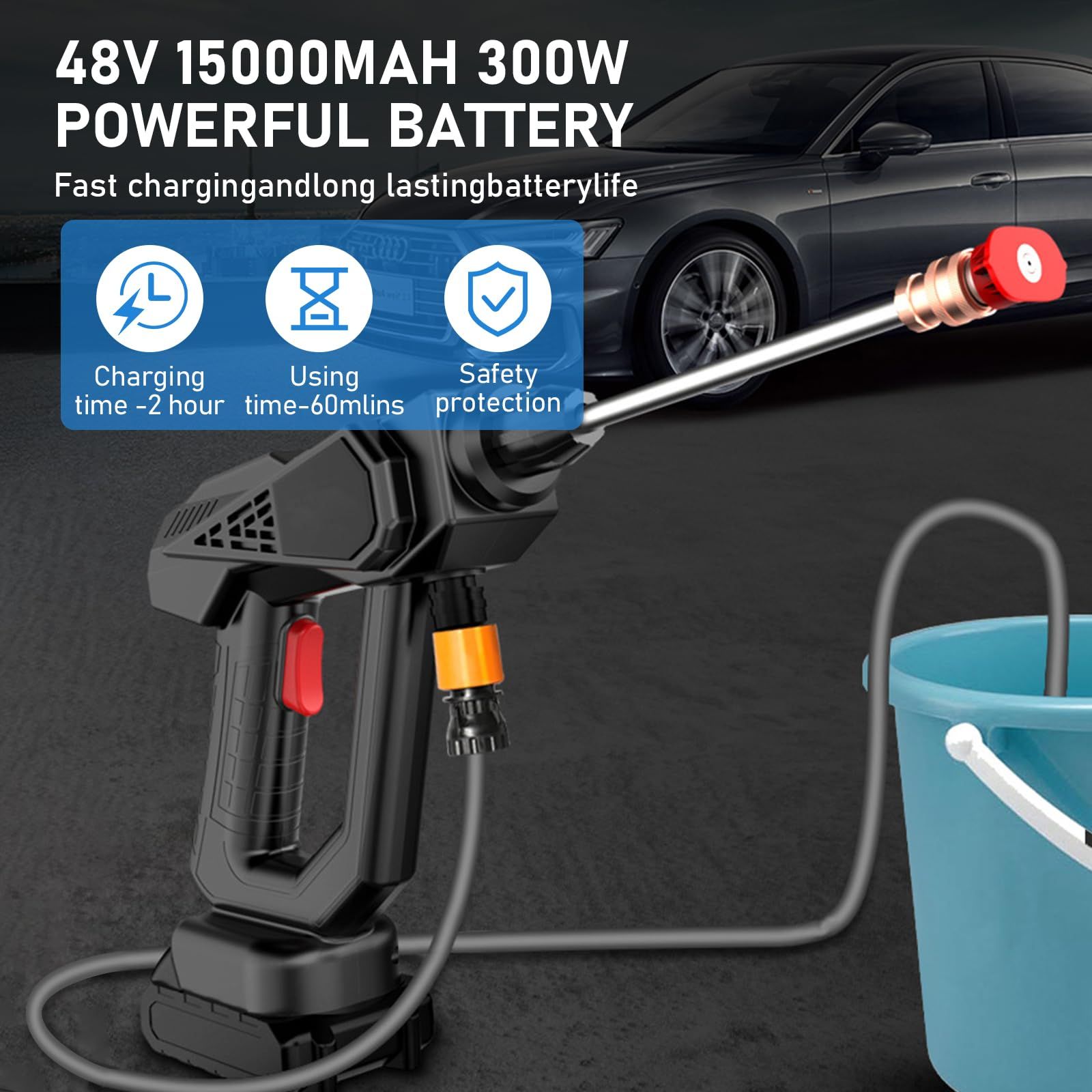 Cordless Power Washer Gun 48V 300W Electric Portable Pressure Cleaner with Rechargeable Battery & Charger, High Pressure Jet Washer with 5M Hose for Car Fence Floor Cleaning Watering_2