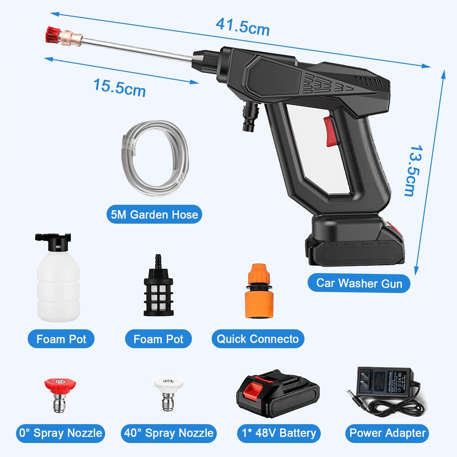 Cordless Power Washer Gun 48V 300W Electric Portable Pressure Cleaner with Rechargeable Battery & Charger, High Pressure Jet Washer with 5M Hose for Car Fence Floor Cleaning Watering_5